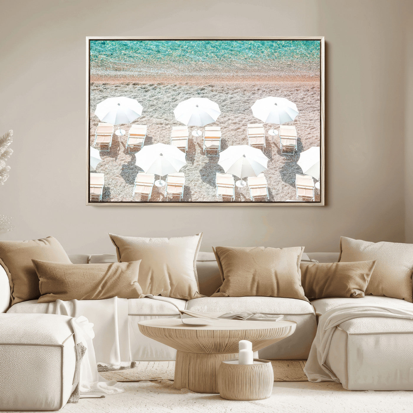 A bright beach scene with white umbrellas, pastel sand, and turquoise waters, creating a tranquil coastal vibe, perfect for beach house or summer decor.