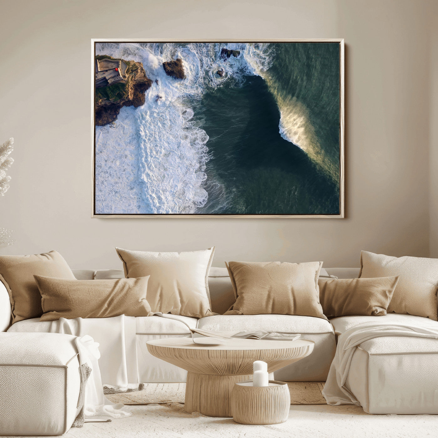 Canvas showing an aerial view of crashing waves along the Nazaré coastline, perfect for dramatic coastal or ocean-themed home decor.