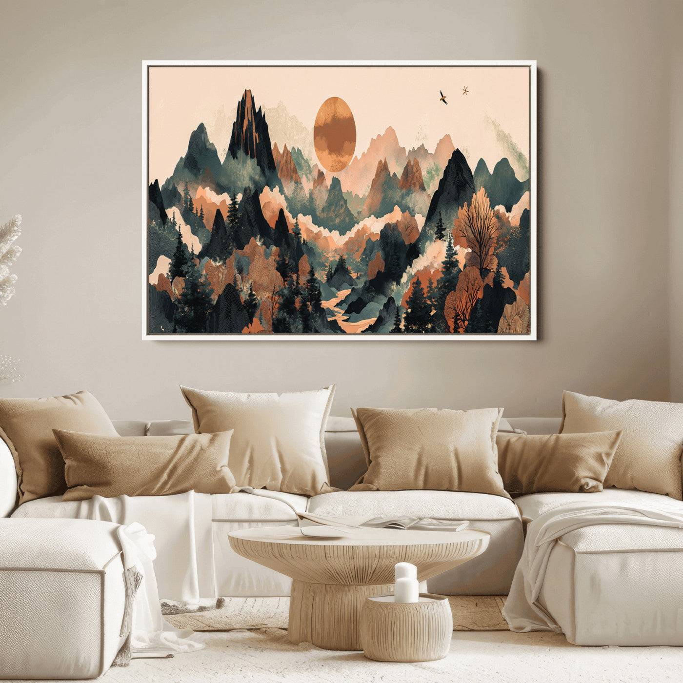 Mountain Landscape Wall Art Print - Sunset Hills Canvas Print, featuring an abstract nature scene with earthy tones and misty peaks, perfect for boho and modern decor.