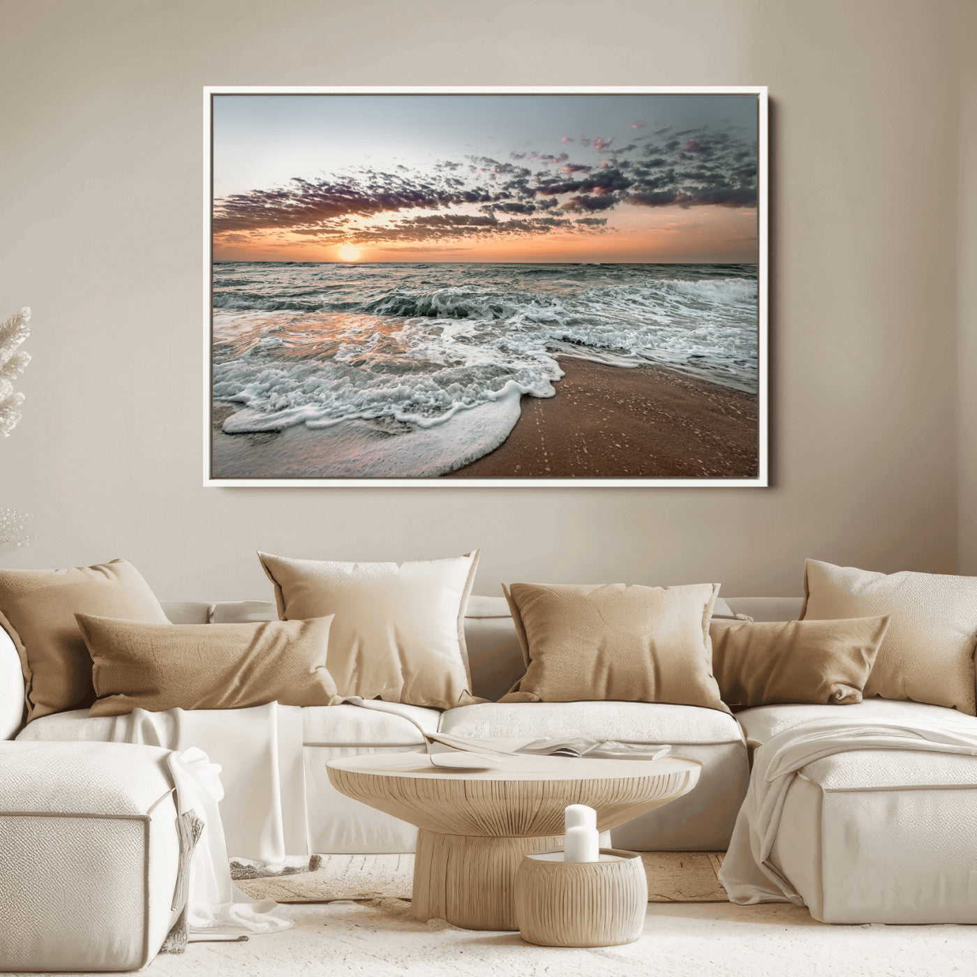 Ocean Sunset Wall Art Print - Beach Waves Canvas Print, featuring a serene seascape with golden sunlight reflecting on gentle waves, perfect for coastal and minimalist decor.