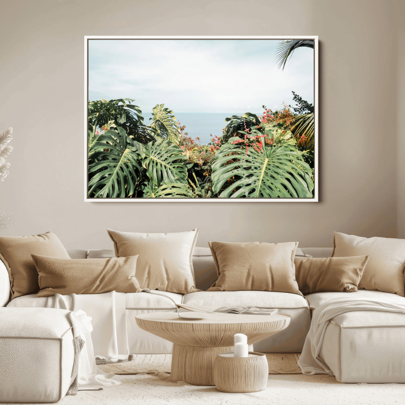 Monstera leaves and tropical flowers framing a calm ocean view, ideal for tropical coastal or exotic jungle-style interior wall decor.