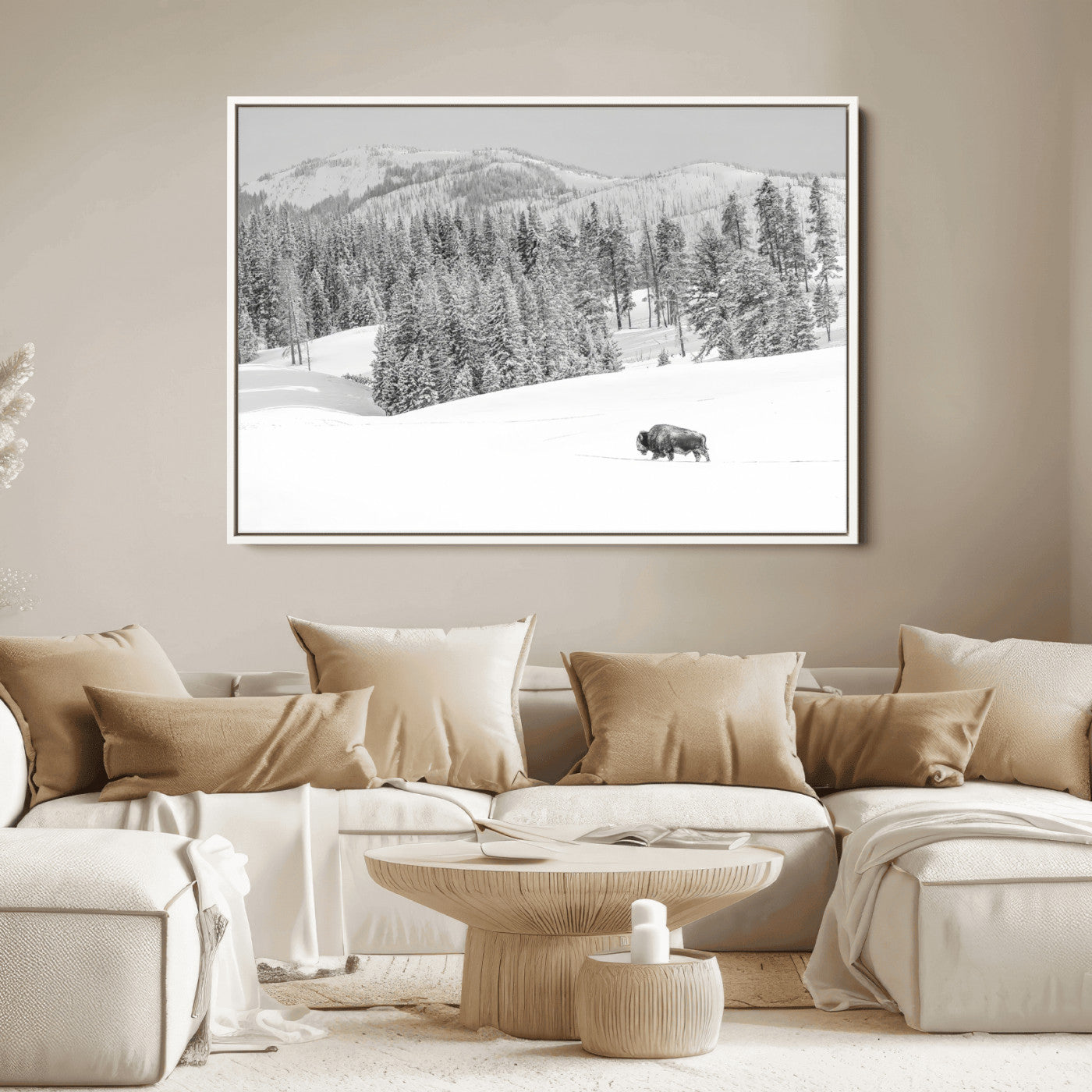 Snowy bison walking through white forest landscape, ideal for monochrome winter or wilderness-style interior wall decoration.