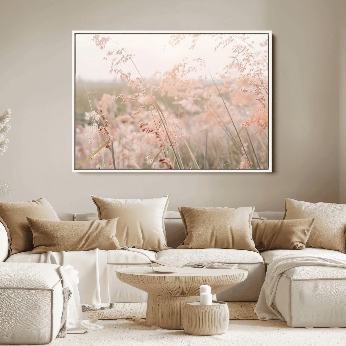 Soft pastel field with wild grasses in warm light, ideal for minimal nature or airy countryside-inspired interior wall decoration.
