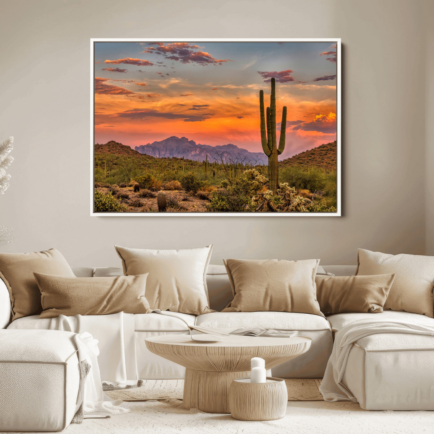 Vibrant desert sunset with saguaro cacti and distant mountains, perfect for Southwestern or warm-toned home decor.