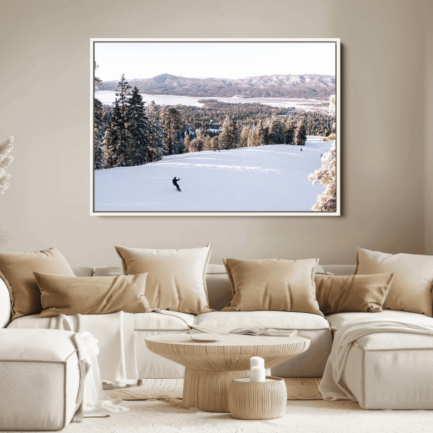 Canvas of a snowy mountain ski slope with pine trees and bright winter light, ideal for modern rustic or alpine-inspired home decor.