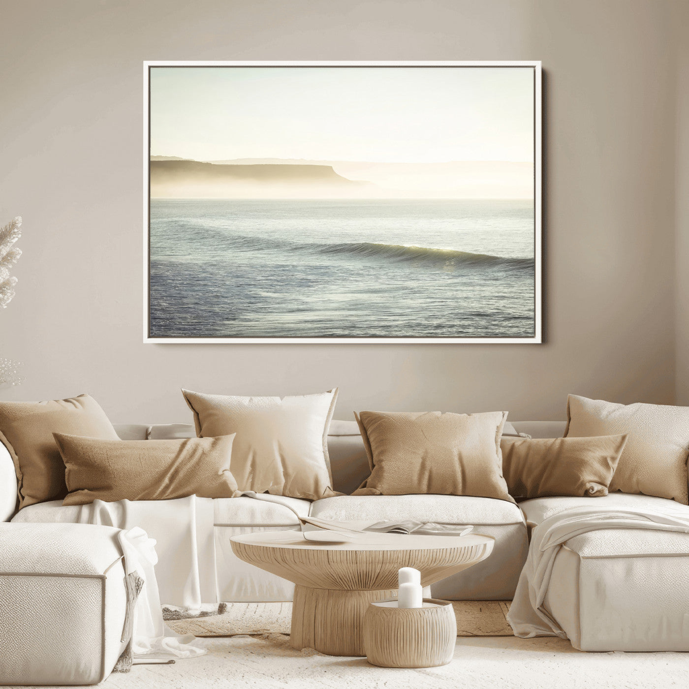 Canvas of a misty ocean scene with coastal cliffs and soft neutral tones, ideal for Scandinavian coastal or minimalist nature-inspired home decor.