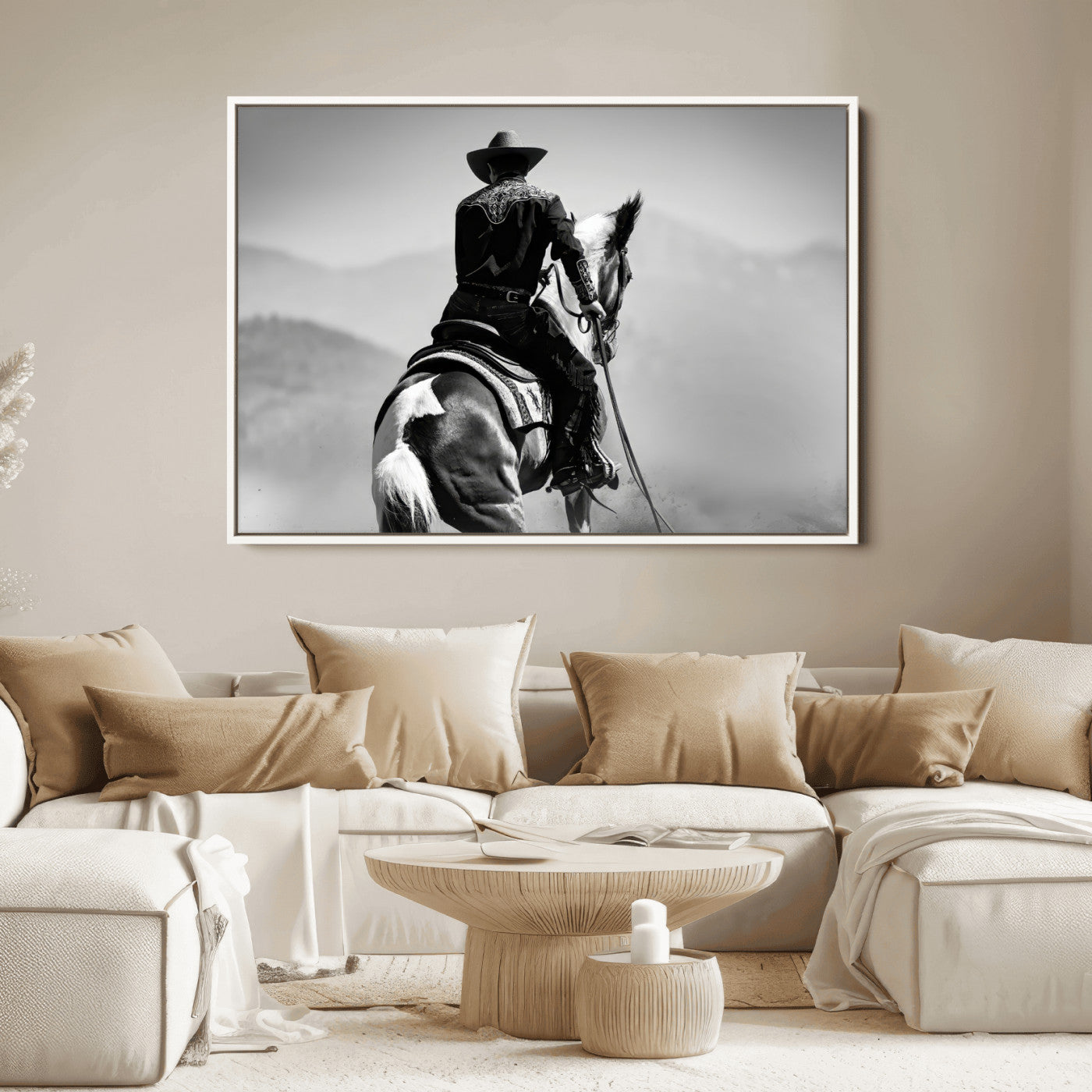 Black and white canvas of a cowboy on horseback with moody tones, perfect for rustic western or country-inspired home decor.