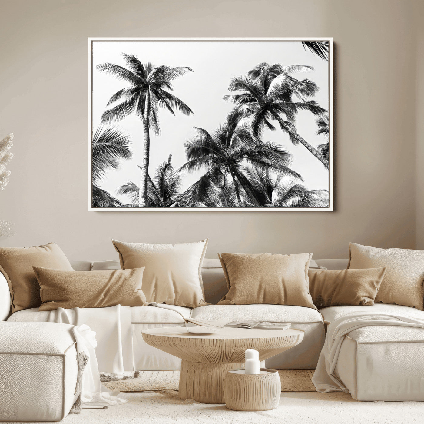 Black and white canvas of tall palm trees in moody tones, perfect for modern tropical minimalist or coastal-style home decor.