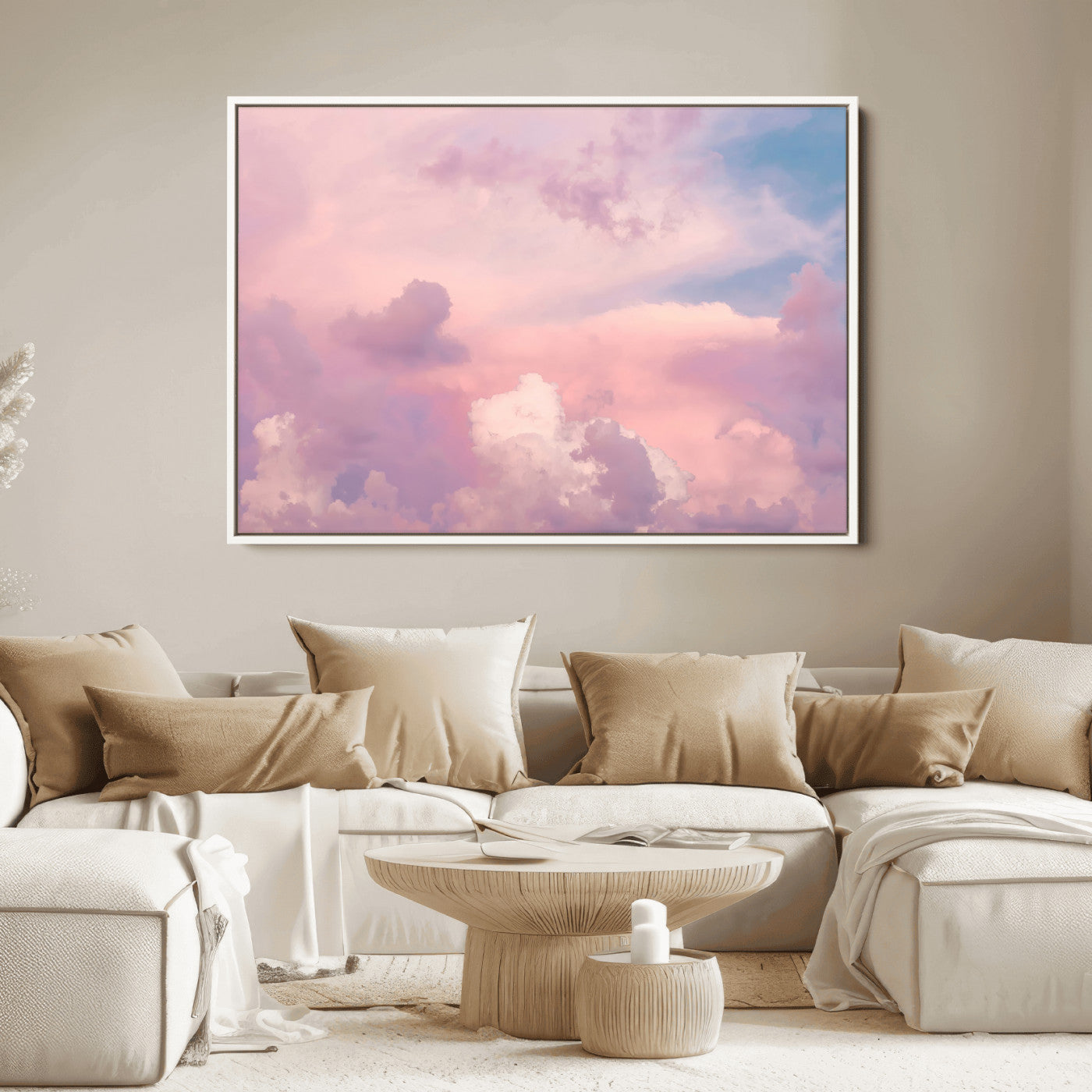 Soft pastel-colored clouds in shades of pink, purple, and blue, creating a dreamy and serene sky perfect for a calming decor touch.