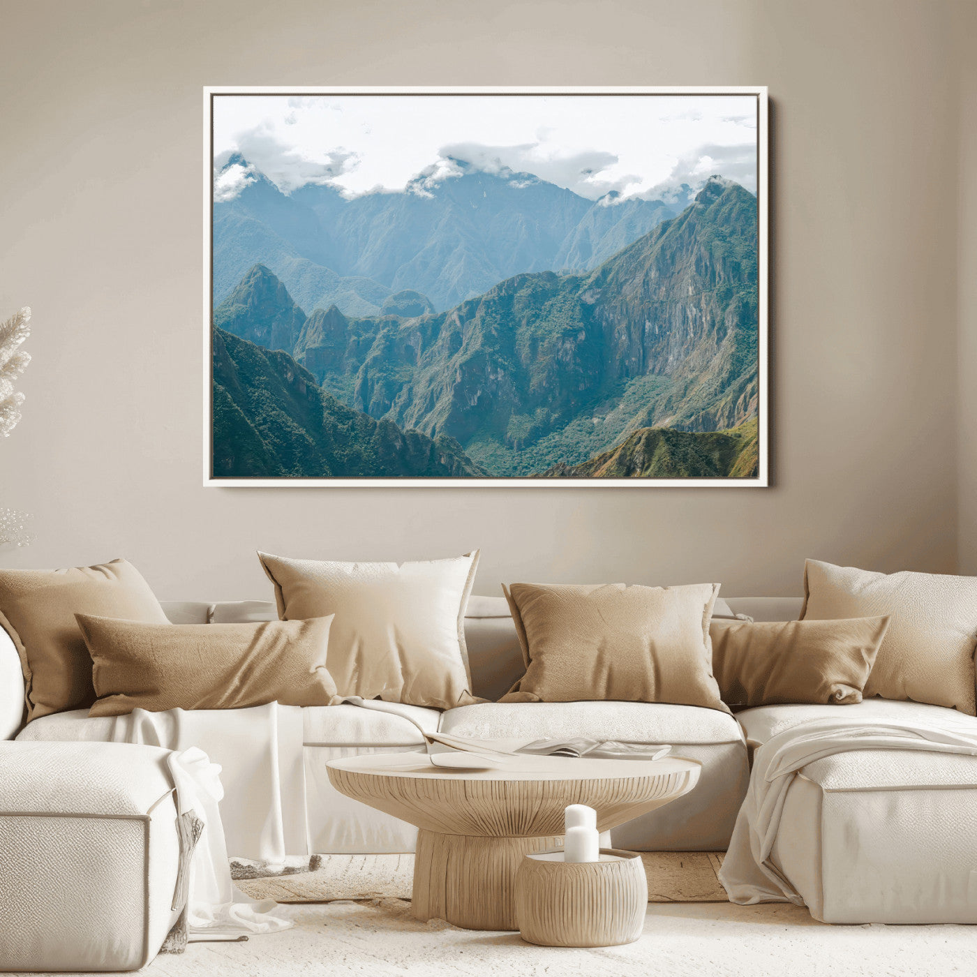 A misty mountain landscape with cloud-covered Andean peaks and lush green valleys, creating a dramatic and serene view, perfect for rustic or nature-inspired home decor.