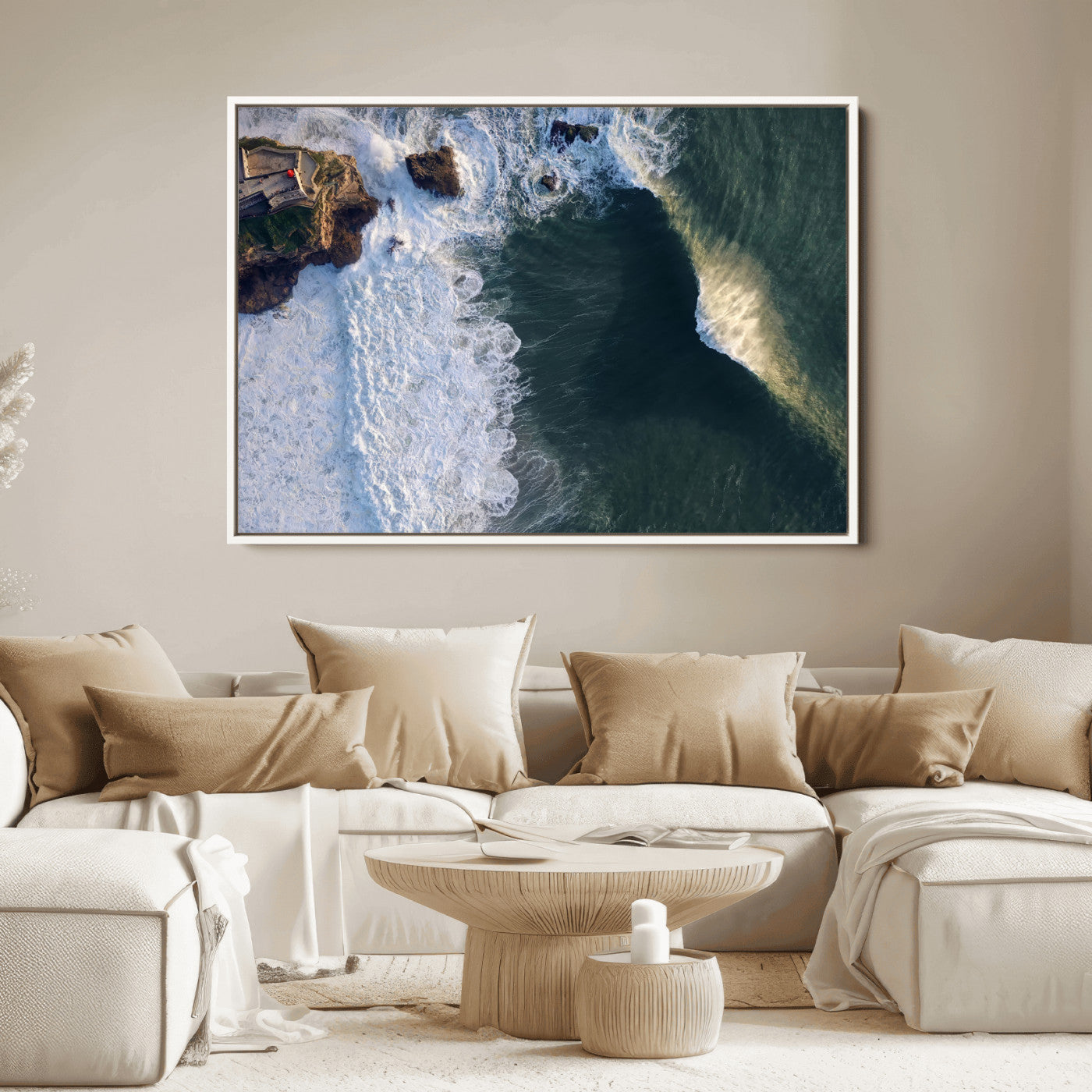 Canvas showing an aerial view of crashing waves along the Nazaré coastline, perfect for dramatic coastal or ocean-themed home decor.