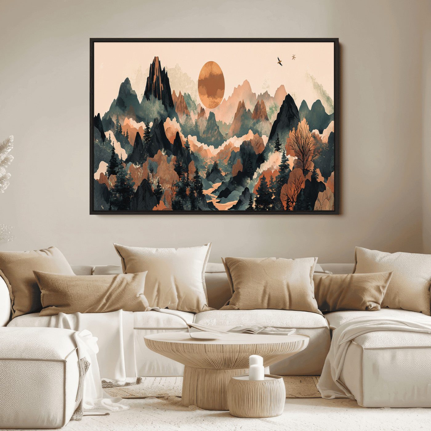 Mountain Landscape Wall Art Print - Sunset Hills Canvas Print, featuring an abstract nature scene with earthy tones and misty peaks, perfect for boho and modern decor.