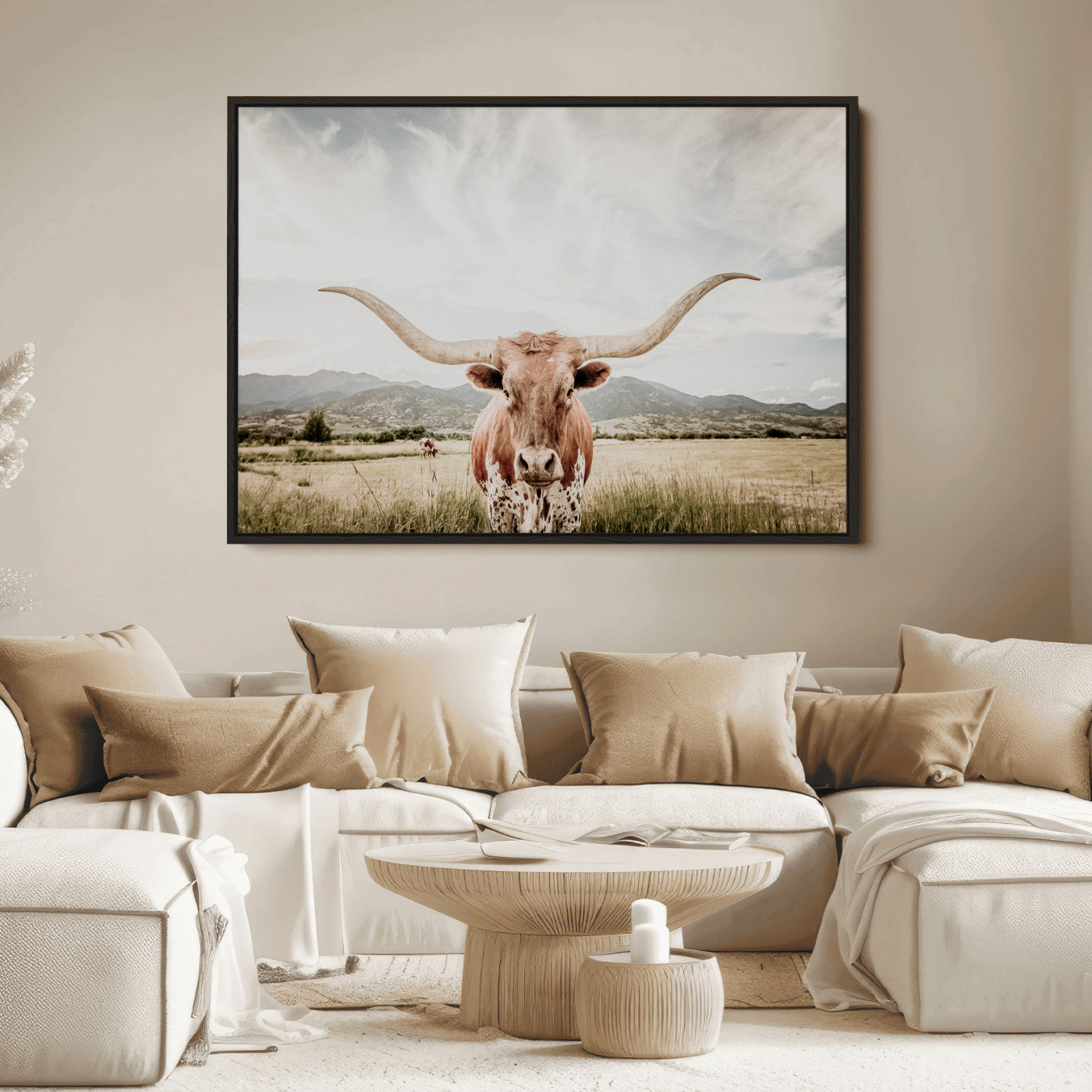 Longhorn Wall Art Print - Western Cow Canvas Print, featuring a majestic Texas longhorn in a rustic prairie setting, perfect for farmhouse and western decor.