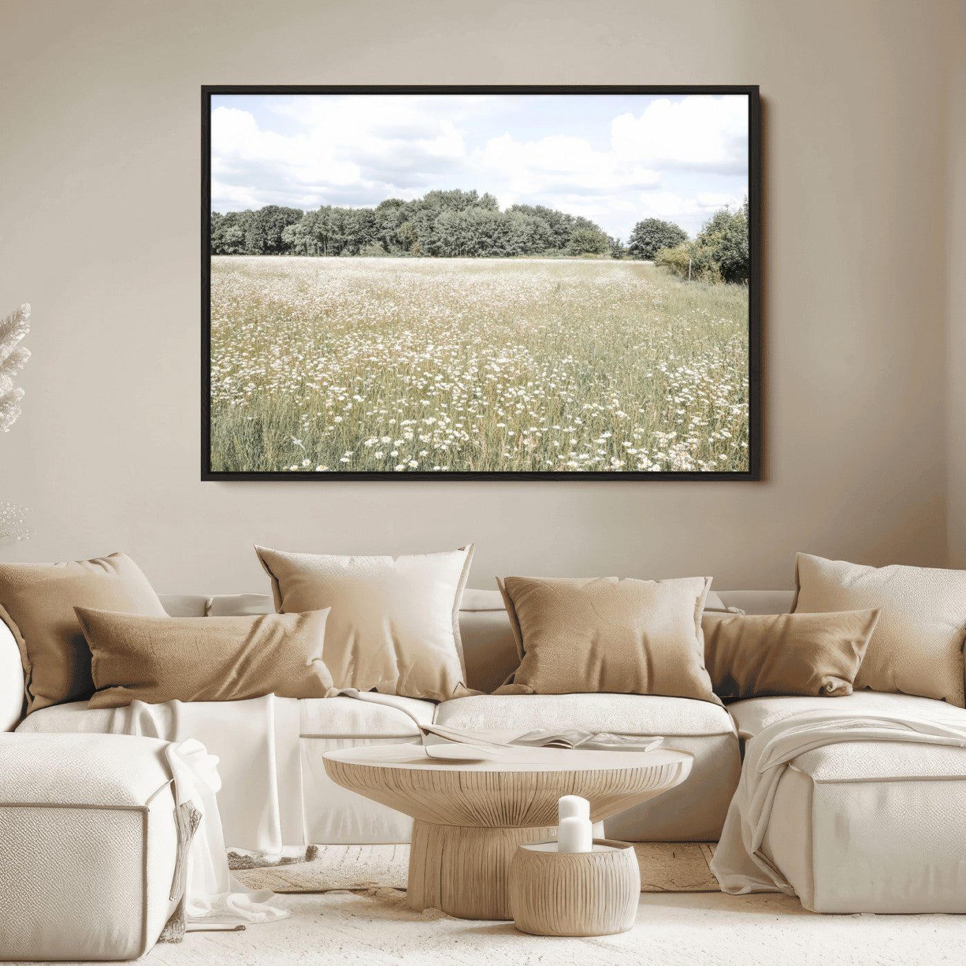 Soft-toned image of a wild daisy field under a cloudy sky, ideal for neutral or Scandinavian-inspired home decor.