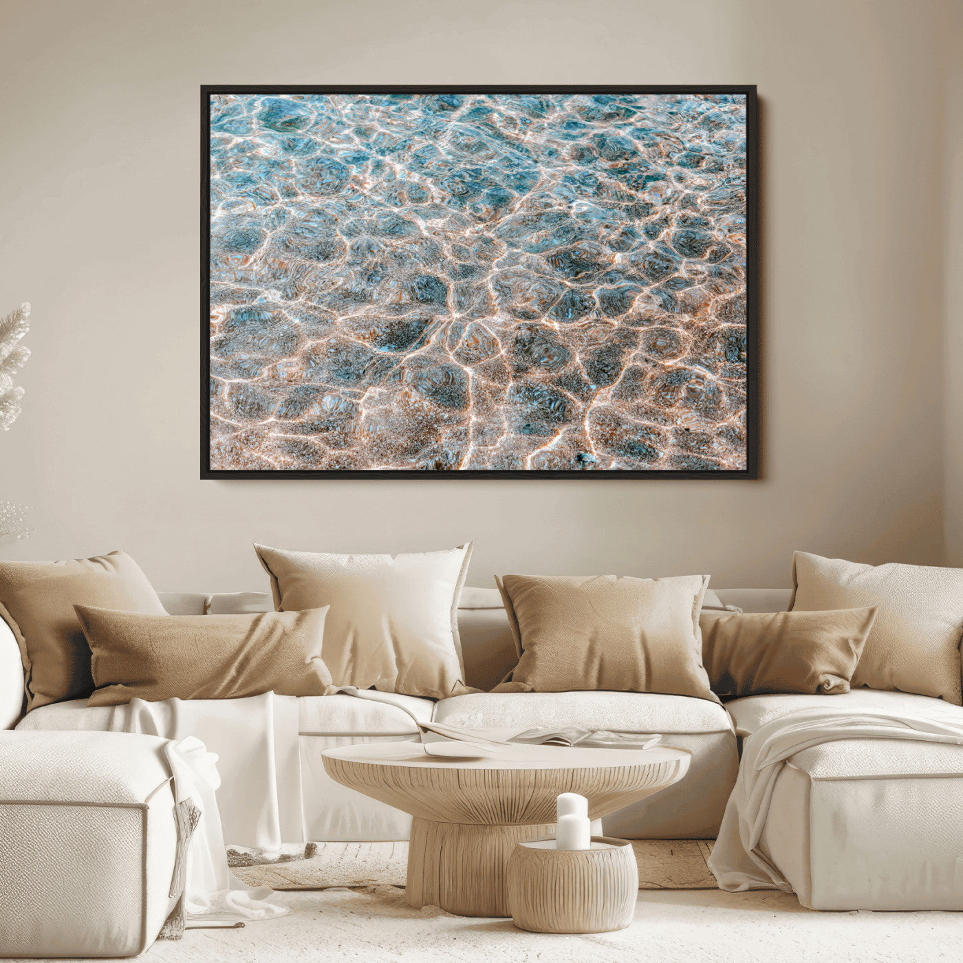 Close-up of sunlit ocean ripples with aqua blue and golden tones, ideal for modern coastal or minimalist home decor.