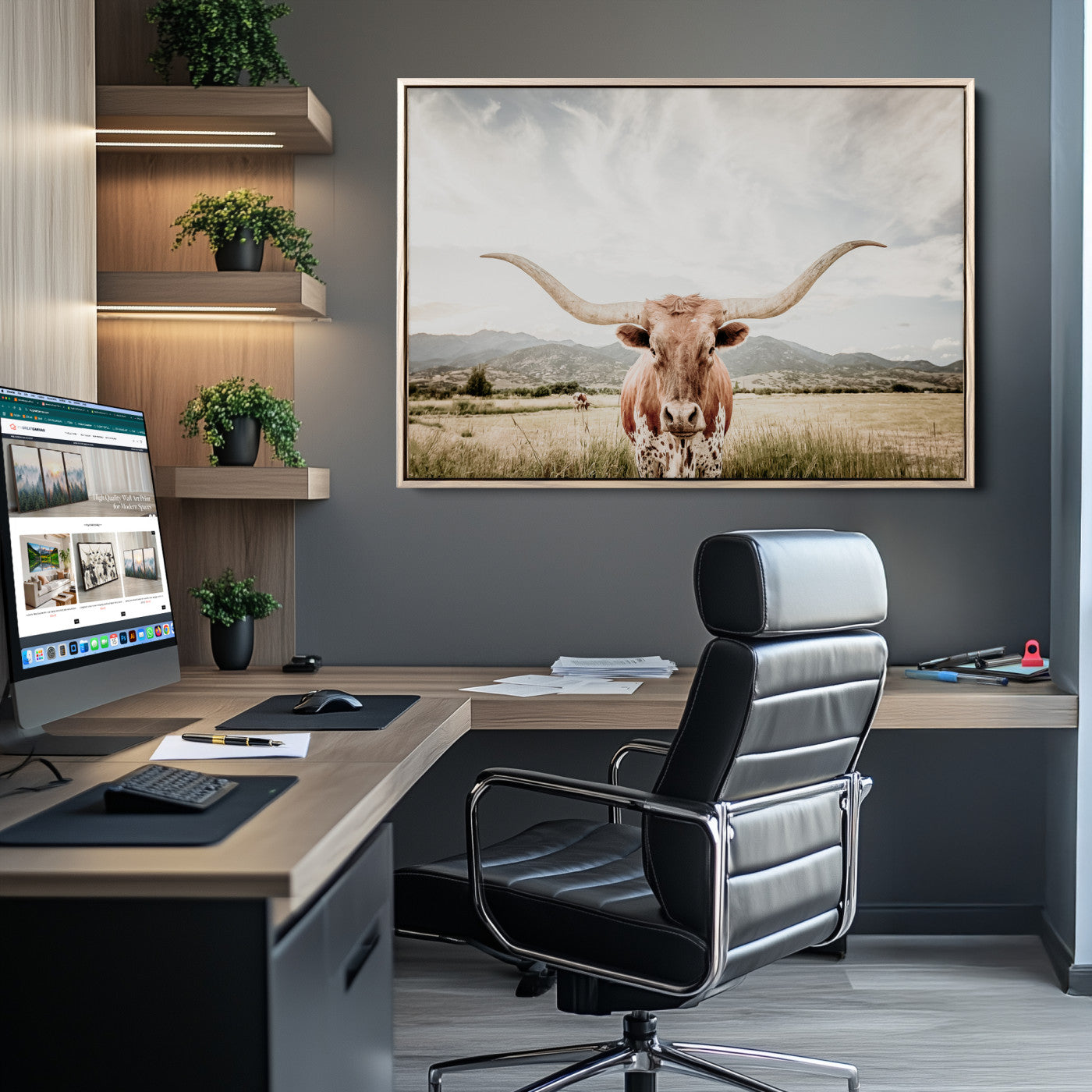 Longhorn Wall Art Print - Western Cow Canvas Print, featuring a majestic Texas longhorn in a rustic prairie setting, perfect for farmhouse and western decor.