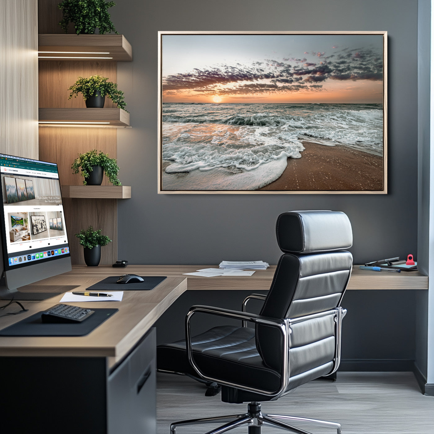 Ocean Sunset Wall Art Print - Beach Waves Canvas Print, featuring a serene seascape with golden sunlight reflecting on gentle waves, perfect for coastal and minimalist decor.