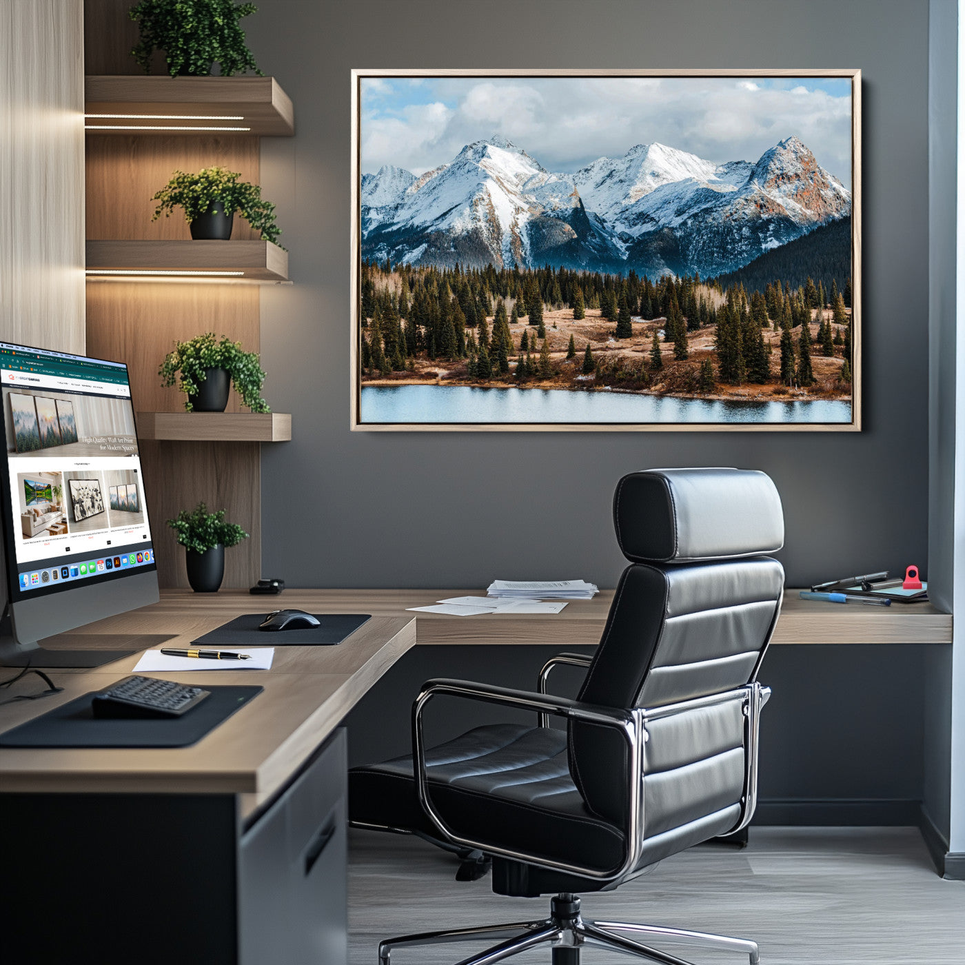 Framed canvas of snowy mountain peaks with pine forest and alpine lake, perfect for winter cabin or wilderness-inspired home decor.