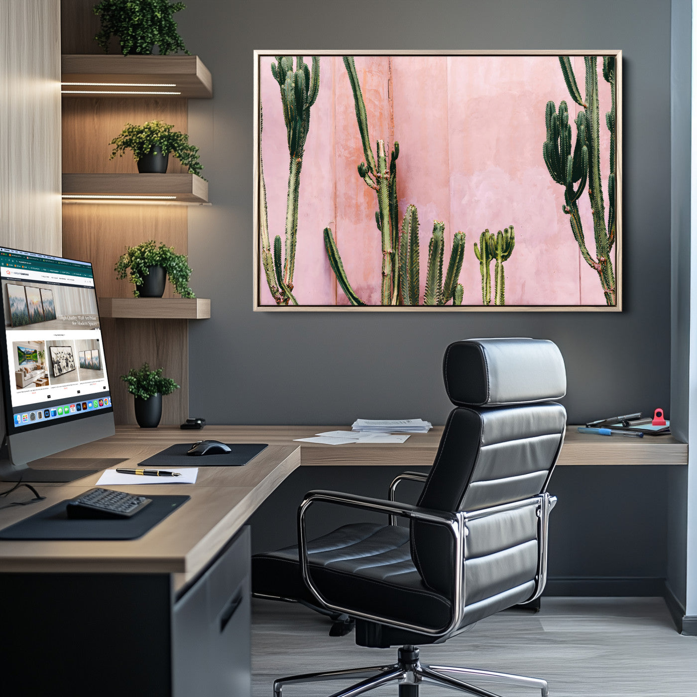 Framed canvas of tall green cacti against a soft pink wall, ideal for modern desert or colorful southwest-inspired home decor.