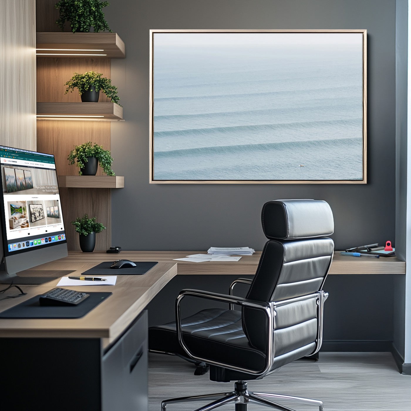 Framed canvas of repeating ocean waves with a distant solo surfer, ideal for minimalist ocean or calm coastal wall decor.