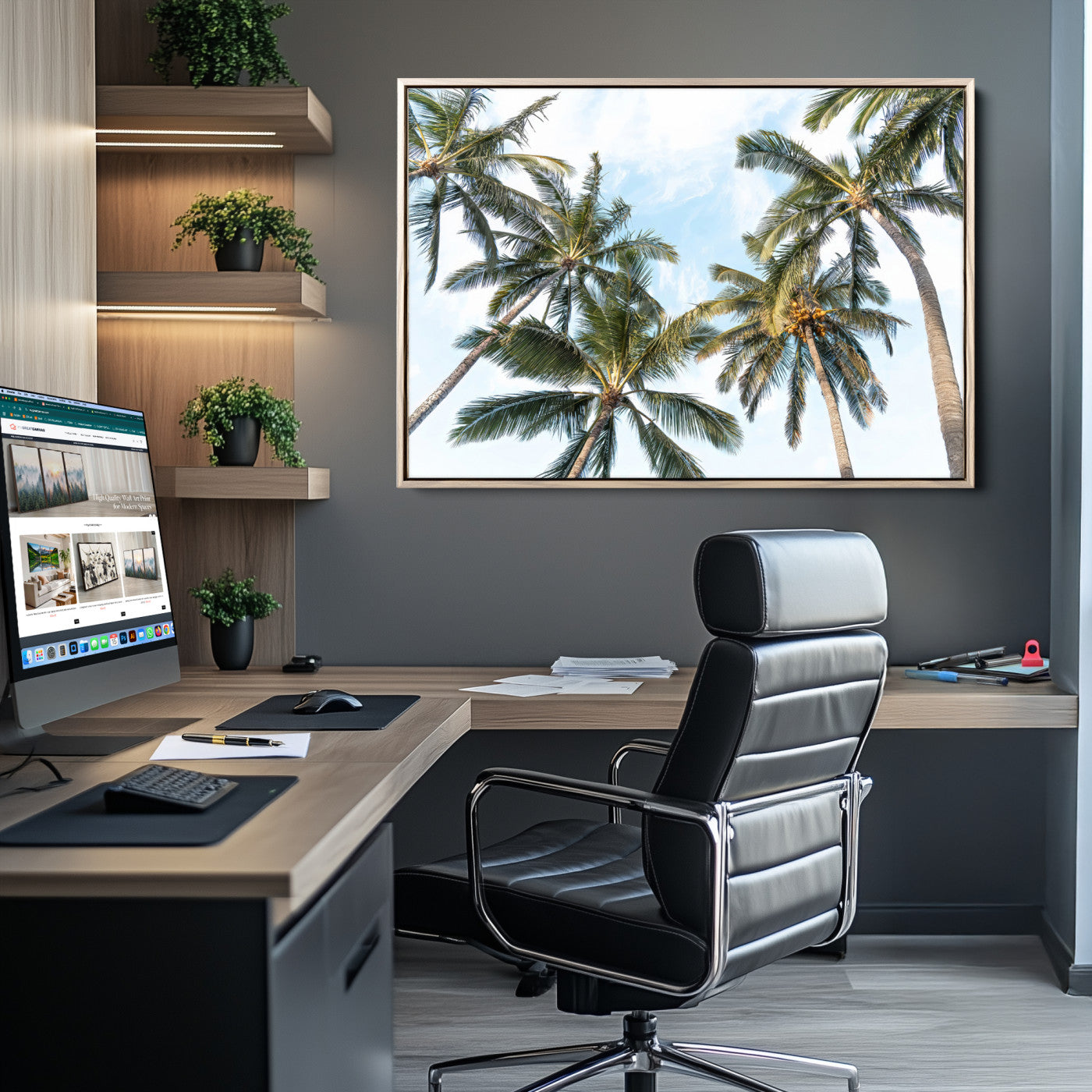 Framed canvas of tall palm trees reaching into a tropical sky, ideal for beach home or relaxed island-inspired wall decor.