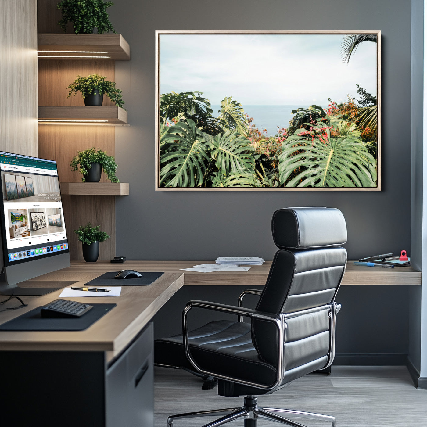 Monstera leaves and tropical flowers framing a calm ocean view, ideal for tropical coastal or exotic jungle-style interior wall decor.
