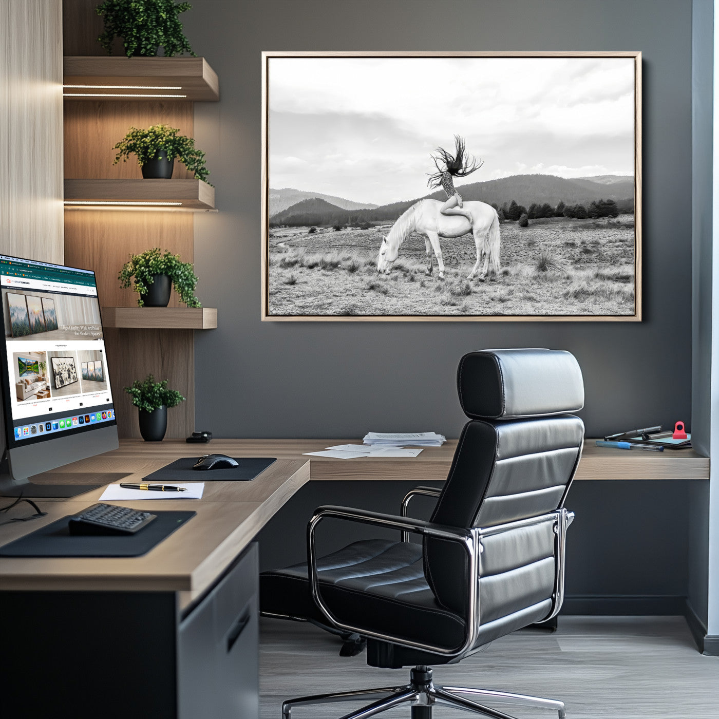 Black and white photo of a woman on a white horse in moody tones, ideal for Western Boho or modern rustic-style home decor.