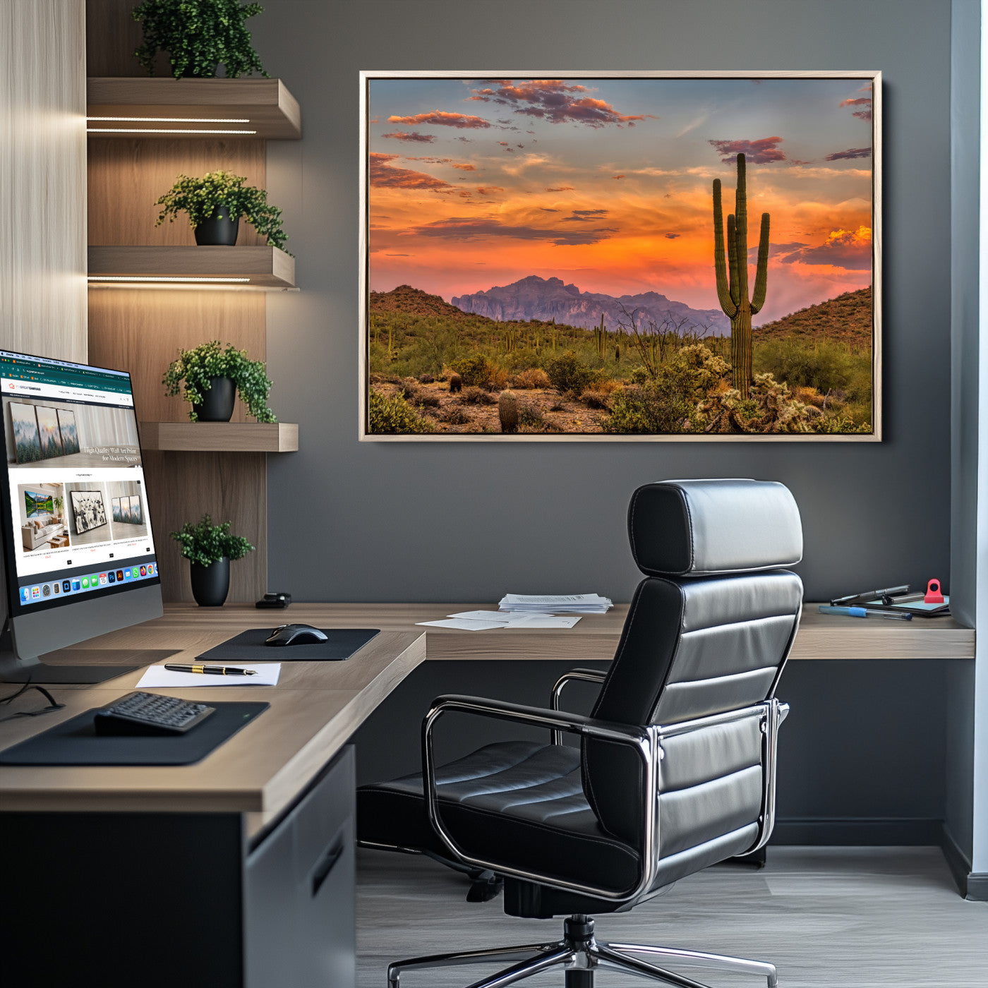 Vibrant desert sunset with saguaro cacti and distant mountains, perfect for Southwestern or warm-toned home decor.