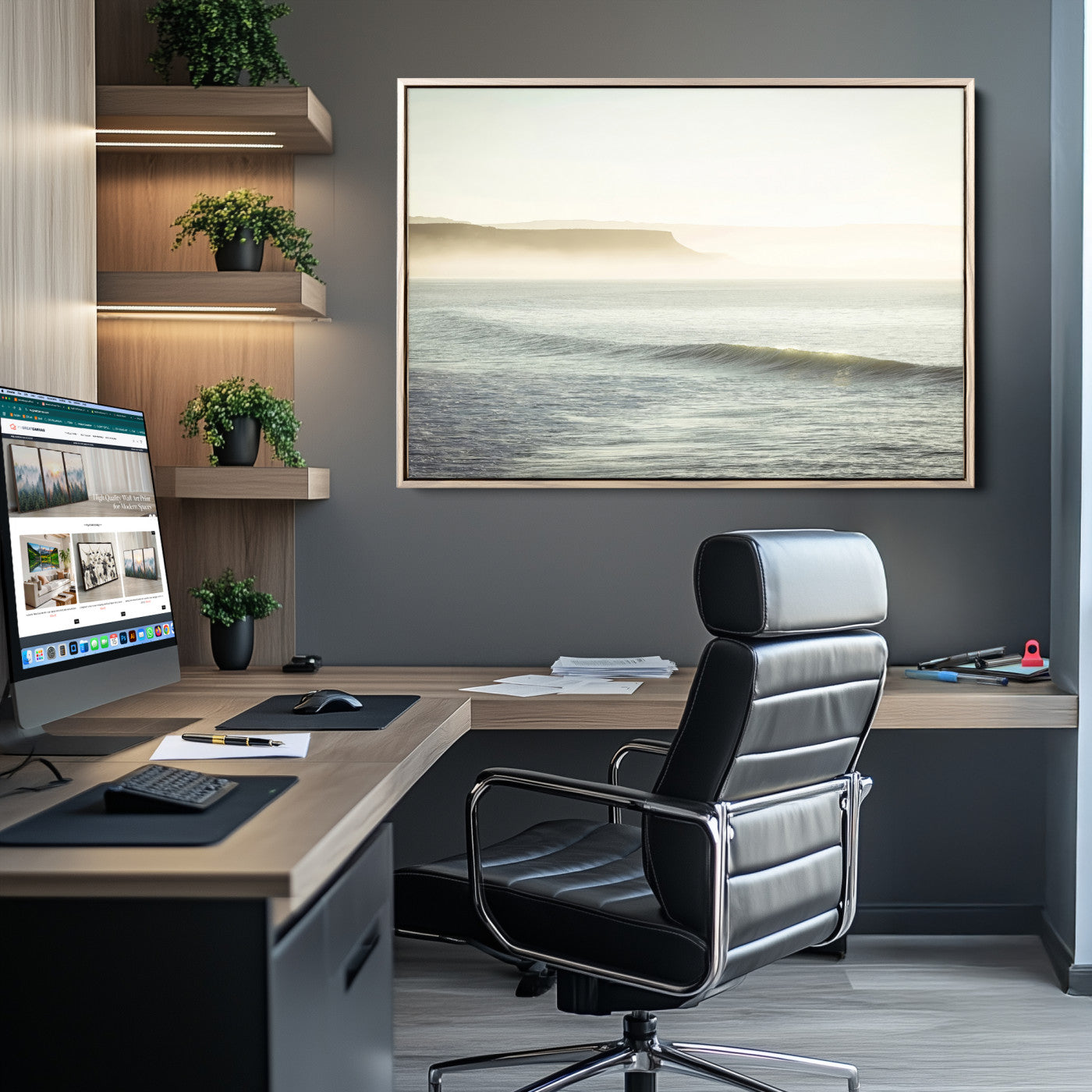 Canvas of a misty ocean scene with coastal cliffs and soft neutral tones, ideal for Scandinavian coastal or minimalist nature-inspired home decor.