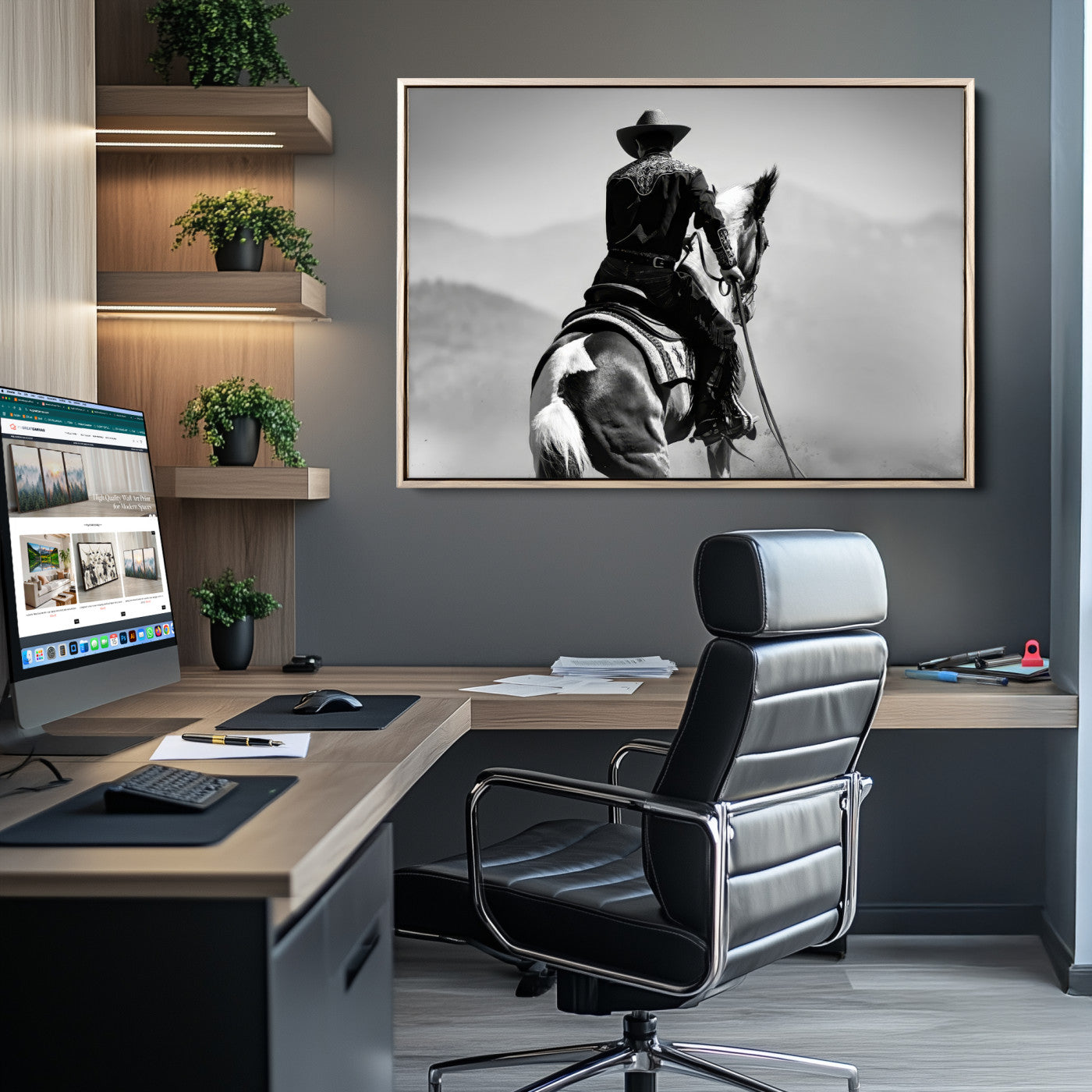 Black and white canvas of a cowboy on horseback with moody tones, perfect for rustic western or country-inspired home decor.