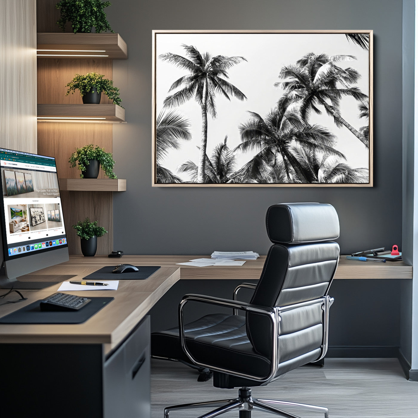 Black and white canvas of tall palm trees in moody tones, perfect for modern tropical minimalist or coastal-style home decor.