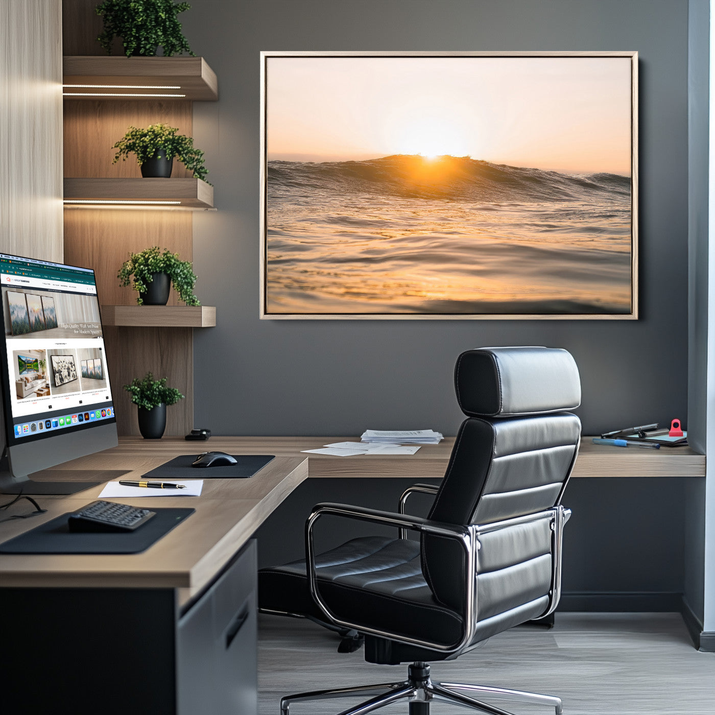 Ocean waves glowing under a warm golden sunset, reflecting soft light and calm movement, perfect for warm minimalist coastal interiors.