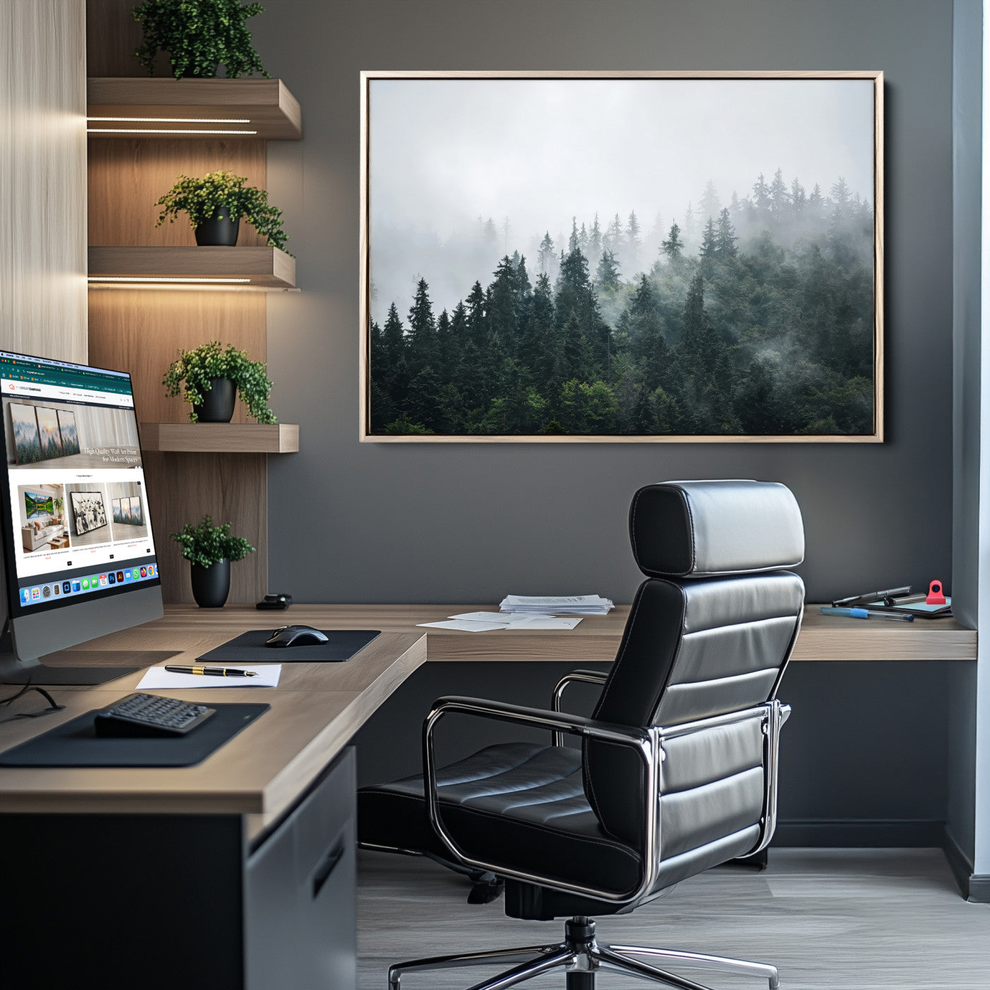 A misty evergreen forest shrouded in soft fog, creating a tranquil and moody landscape with lush green trees fading into the distance.