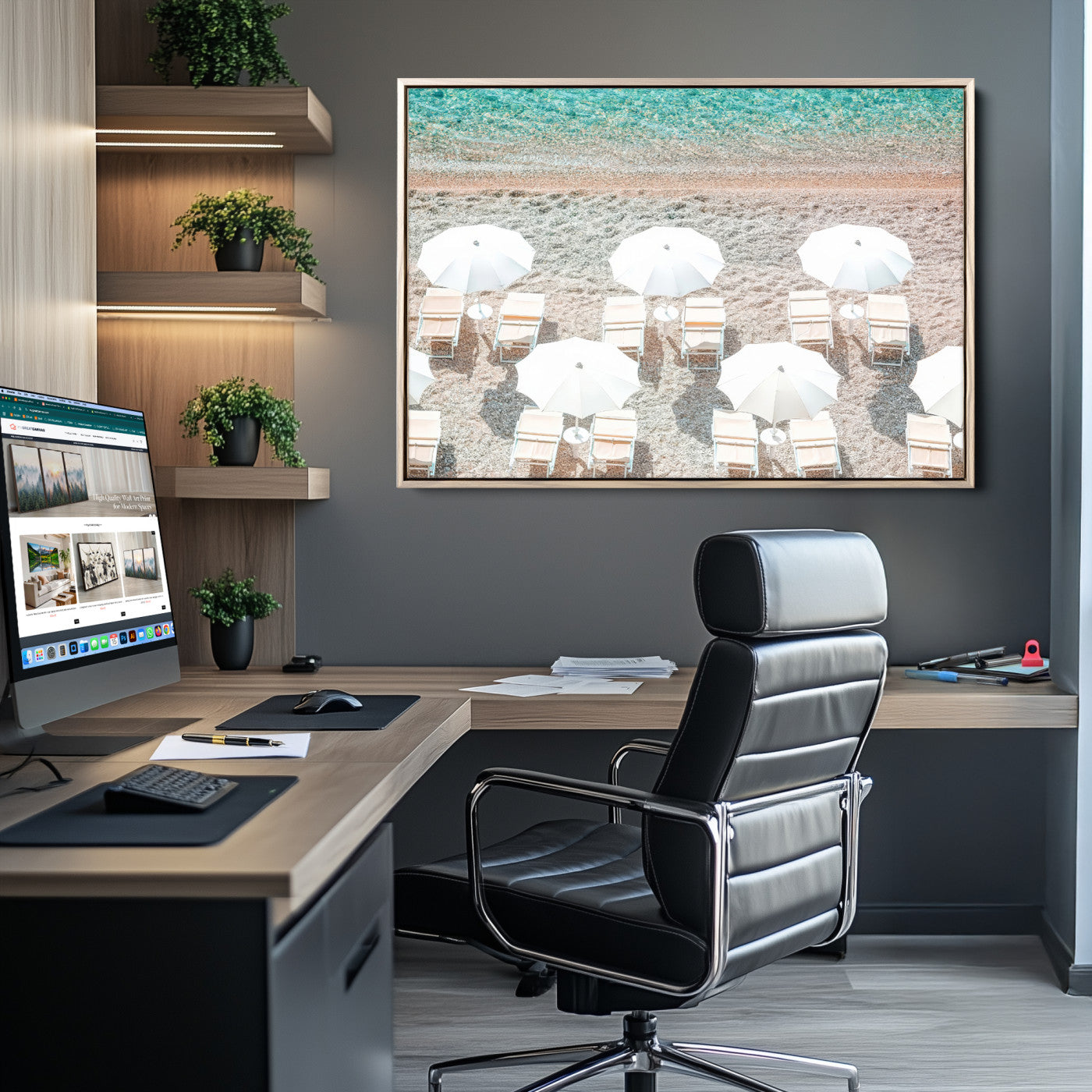 A bright beach scene with white umbrellas, pastel sand, and turquoise waters, creating a tranquil coastal vibe, perfect for beach house or summer decor.