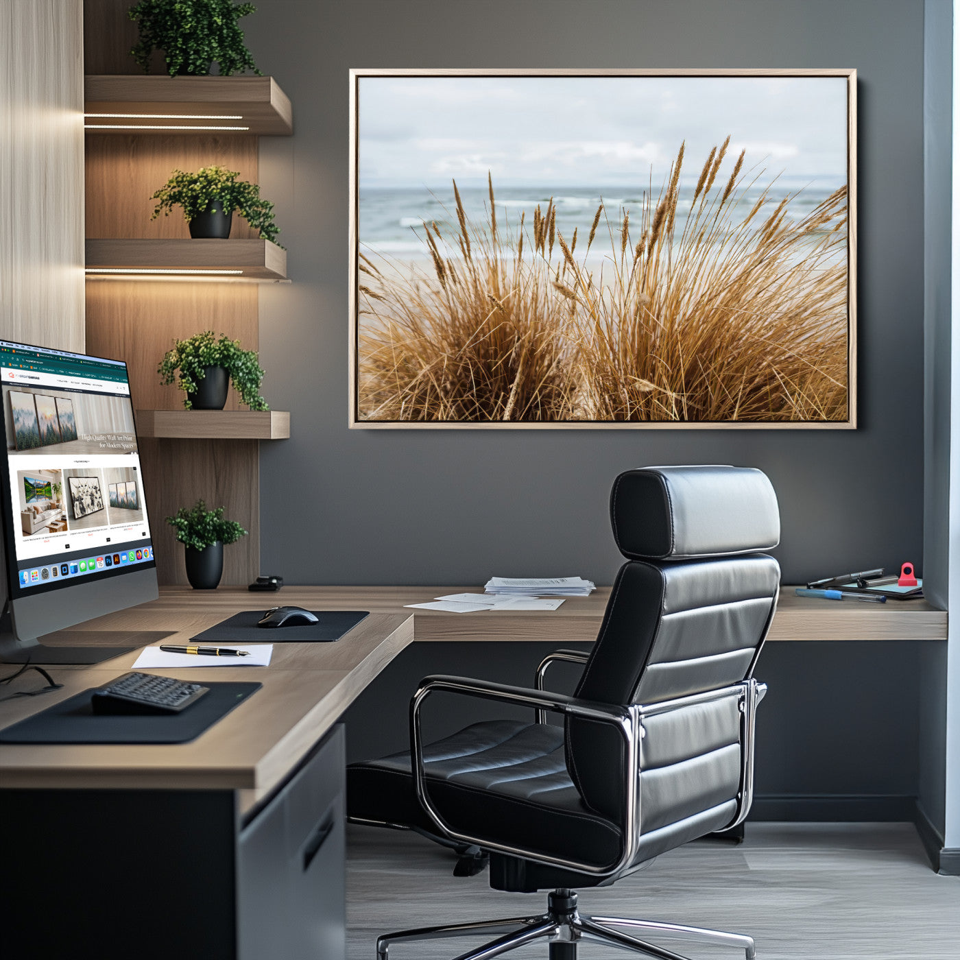 Canvas of golden beach grass swaying by the ocean under a soft cloudy sky, perfect for neutral-toned or coastal minimalist decor.