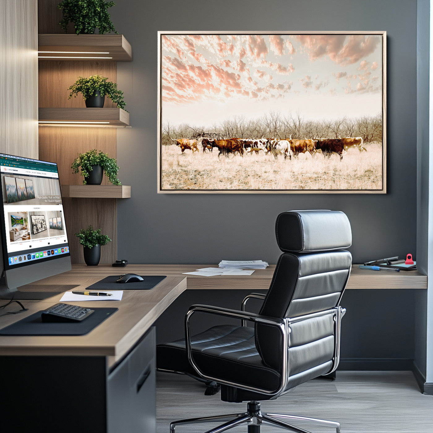 Cattle herd in a soft-toned field under a pastel pink sky, creating a peaceful rustic feel, perfect for farmhouse or western-themed spaces.