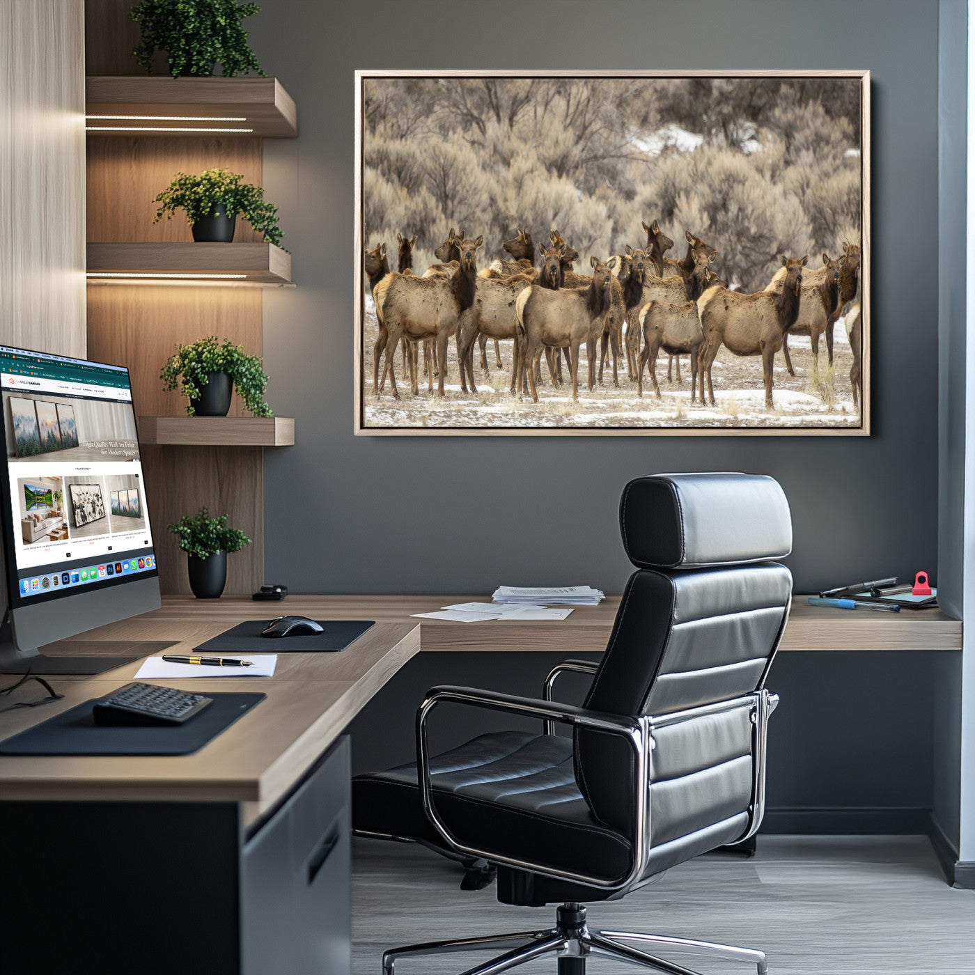 A large herd of elk standing in an open field with soft earthy tones, ideal for rustic lodge or western-themed home wall decor.