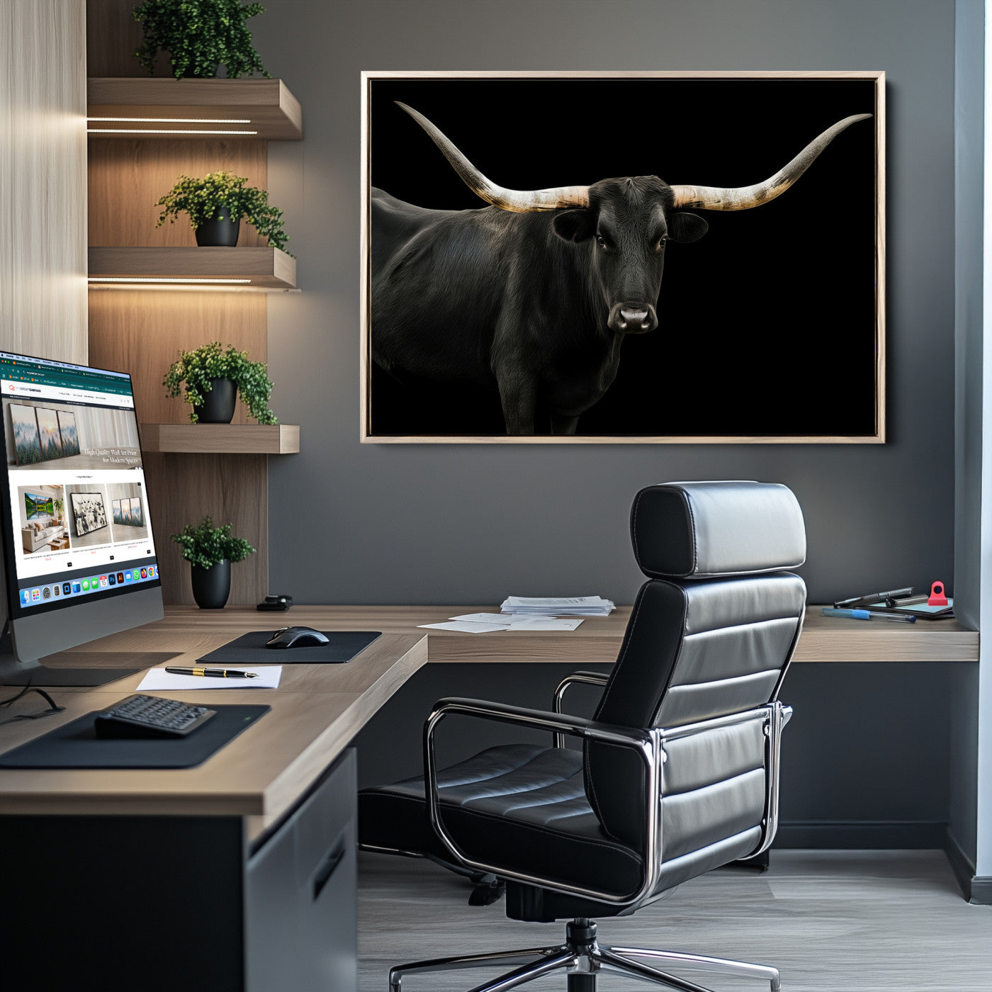 Close-up of a black Texas longhorn with large curved horns on black background, ideal for rustic farmhouse or modern western interiors.