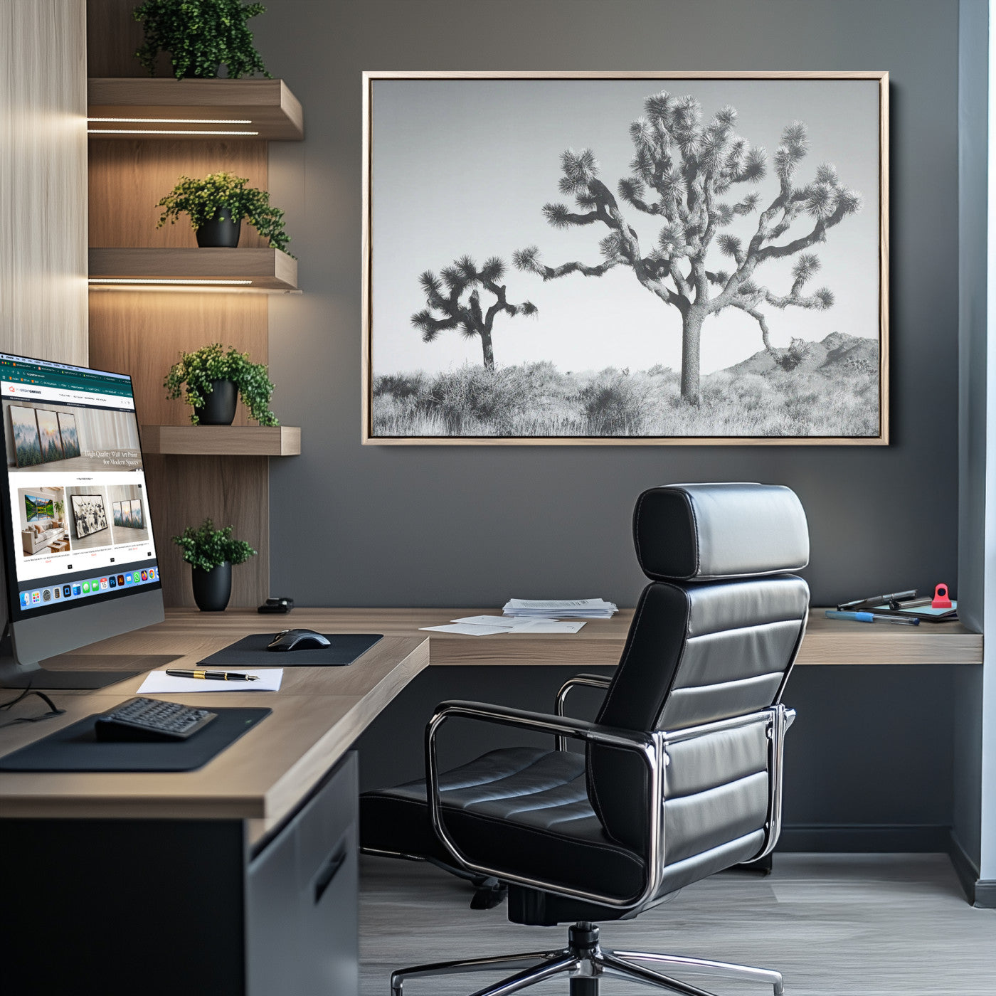 Black and white Joshua tree in a desert landscape with soft light and dry brush, perfect for rustic or minimalist home decor.