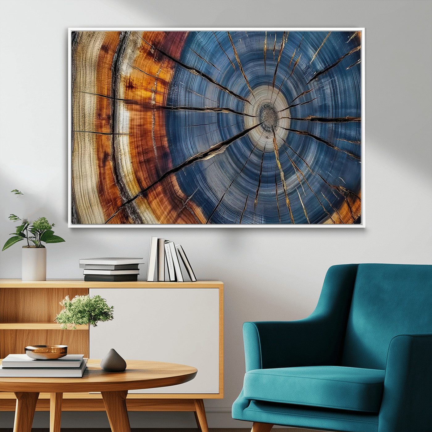 A stunning close-up view of a tree trunk, showcasing the intricate growth rings in a vibrant mix of warm browns, cool blues, and hints of natural texture.