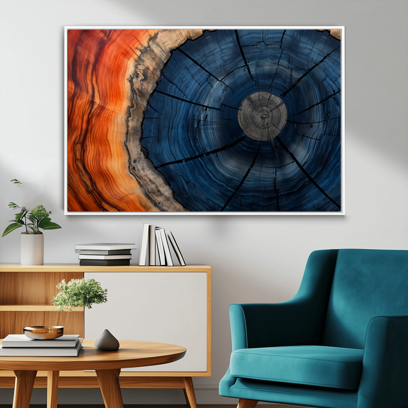 A captivating close-up of a tree trunk, showcasing its concentric rings in rich shades of blue, orange, and brown, highlighting the organic patterns of natural wood.