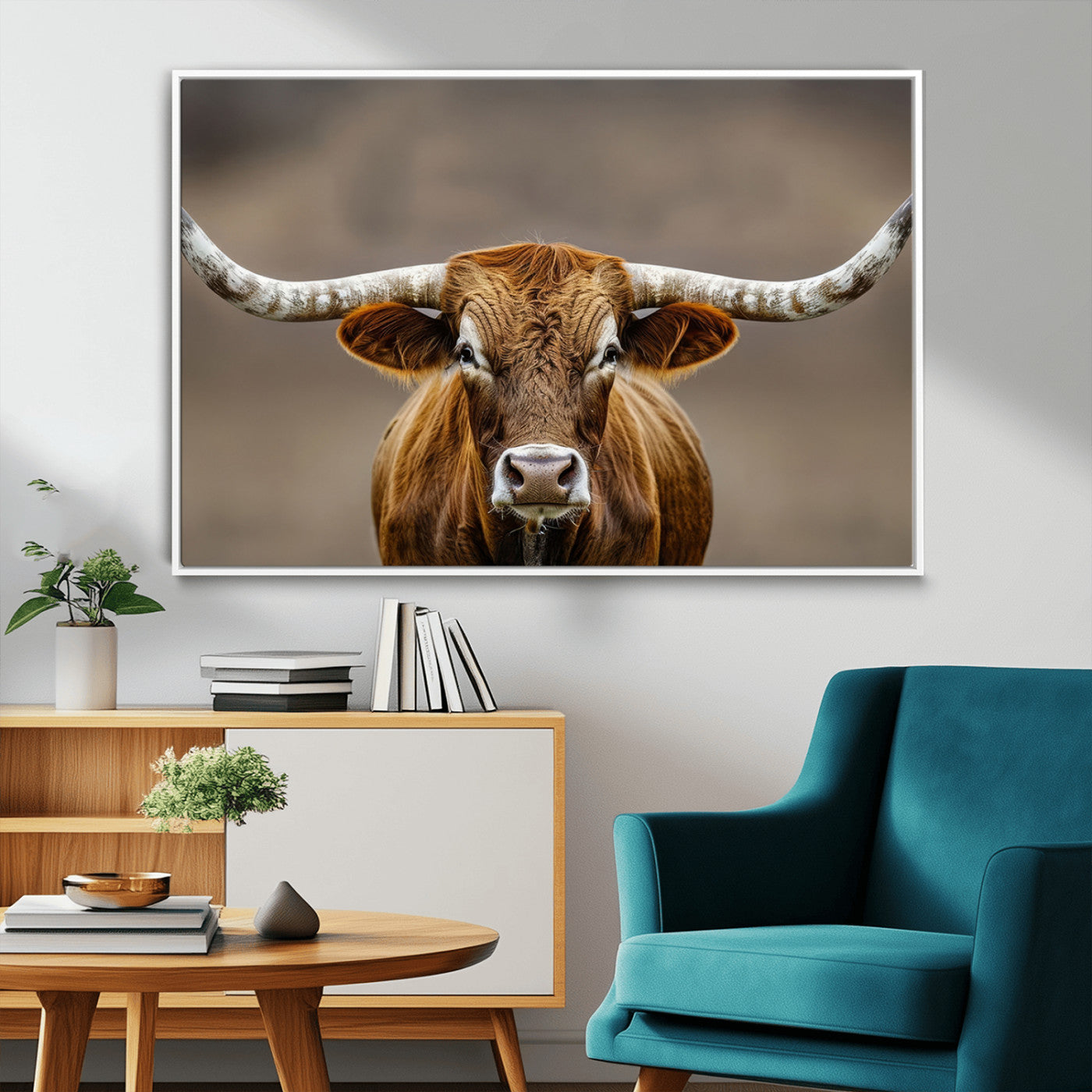 Close-up of a Texas Longhorn with strong curved horns and warm brown tones, perfect for rustic or western-style wall decor.