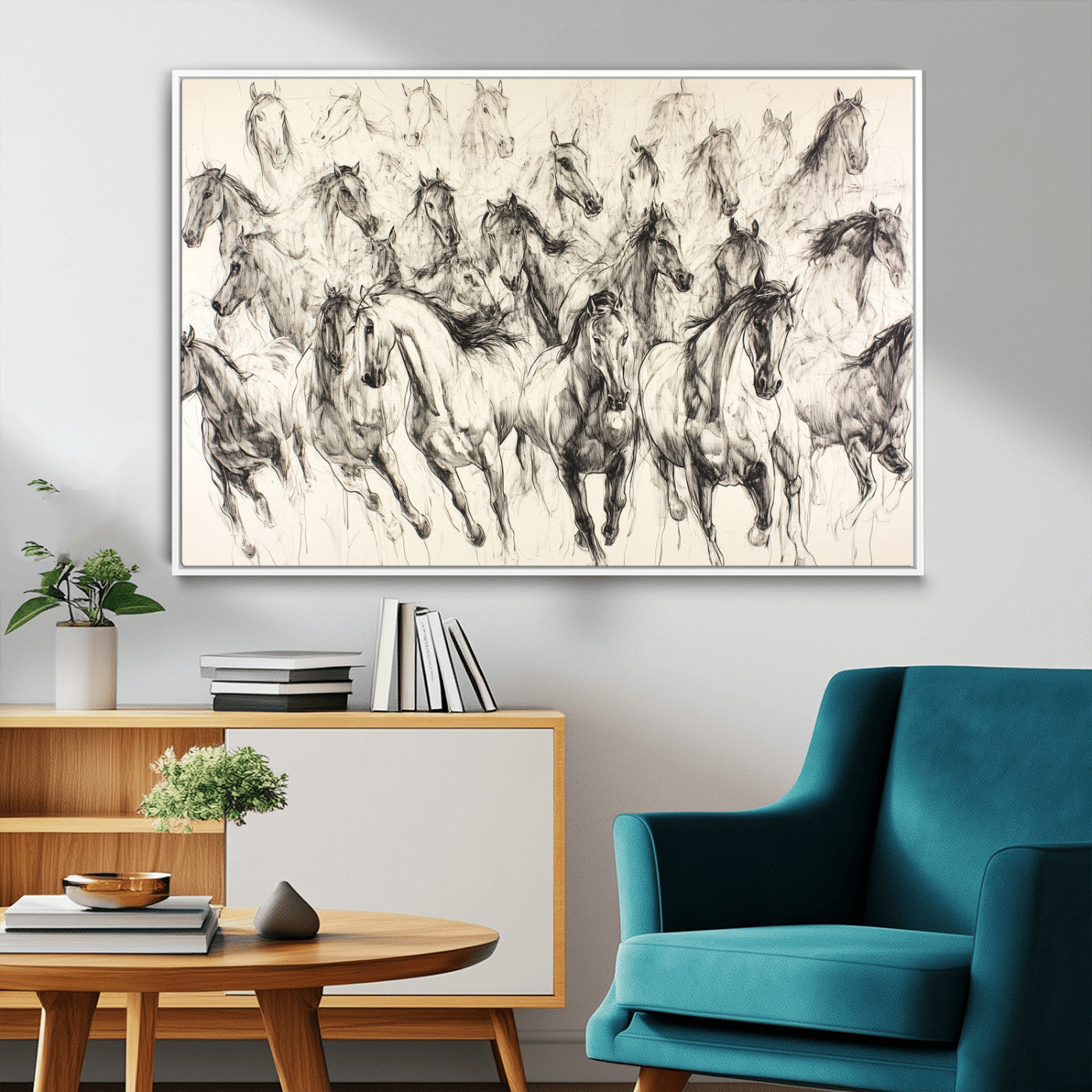 Monochrome ink sketch of galloping horses in dynamic motion, perfect for western or equine-themed wall decor with bold artistic energy.