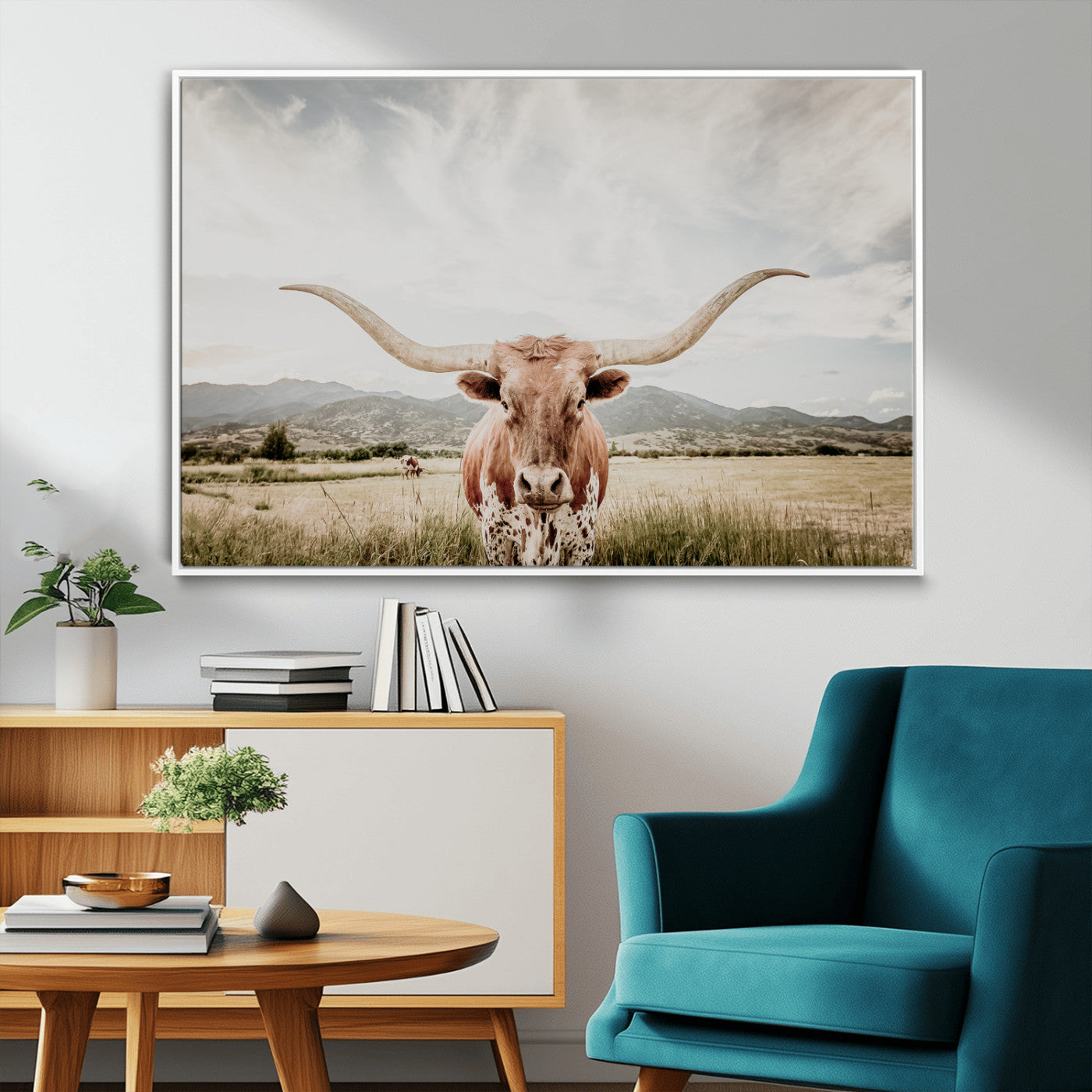 Longhorn Wall Art Print - Western Cow Canvas Print, featuring a majestic Texas longhorn in a rustic prairie setting, perfect for farmhouse and western decor.
