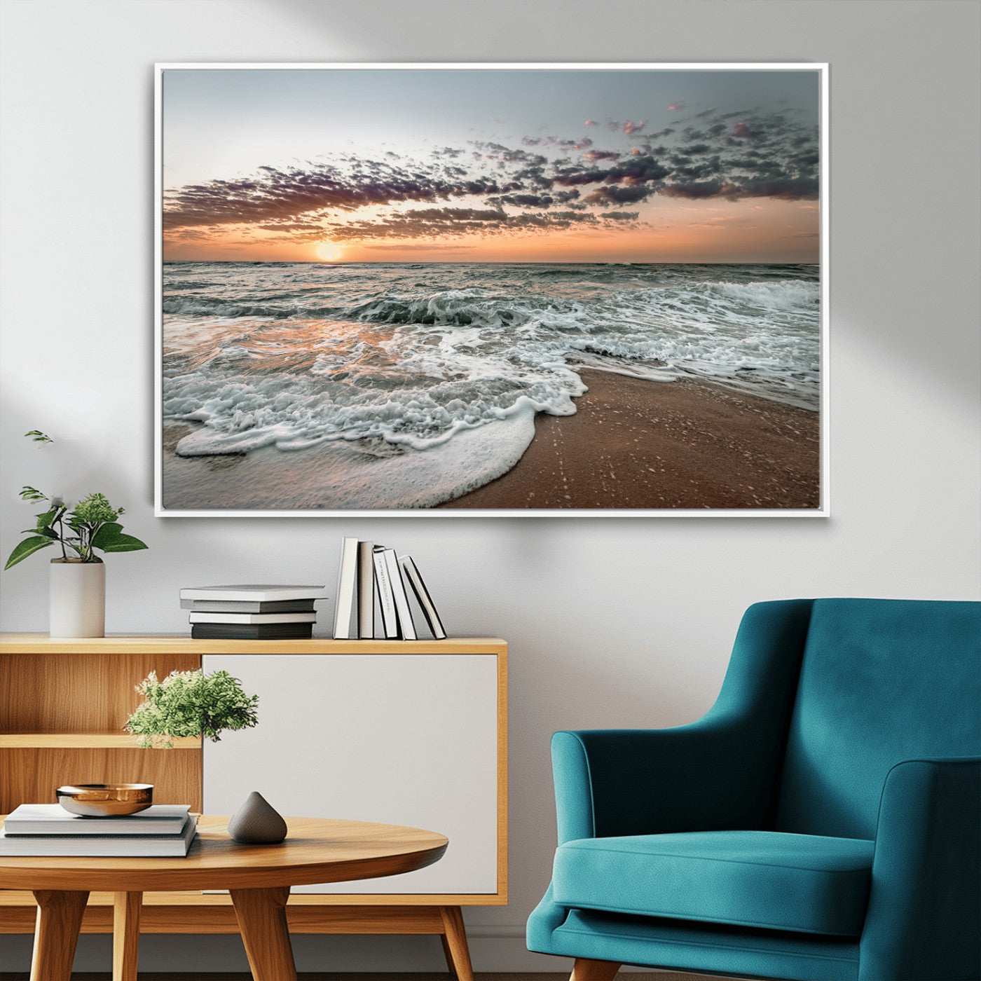 Ocean Sunset Wall Art Print - Beach Waves Canvas Print, featuring a serene seascape with golden sunlight reflecting on gentle waves, perfect for coastal and minimalist decor.