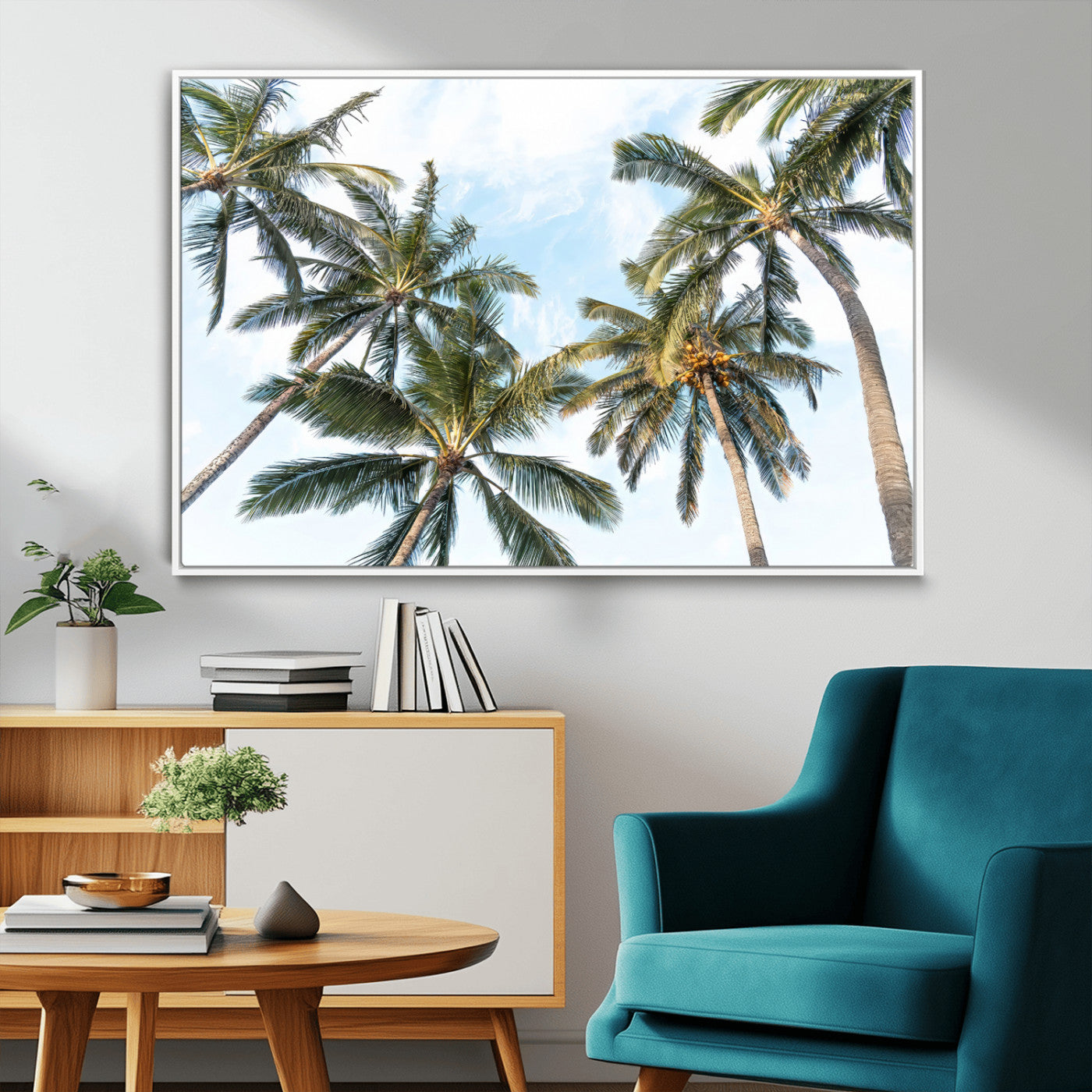 Framed canvas of tall palm trees reaching into a tropical sky, ideal for beach home or relaxed island-inspired wall decor.