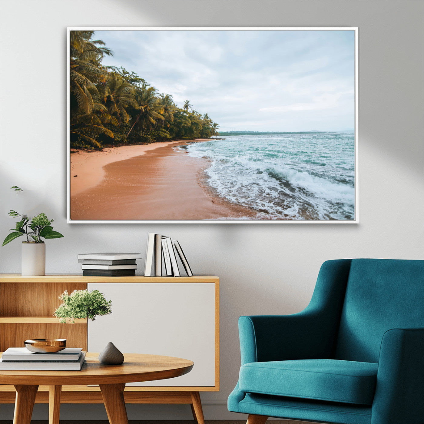Framed canvas of a tropical beach with palm trees and soft waves, ideal for coastal escape or serene nature-inspired home decor.