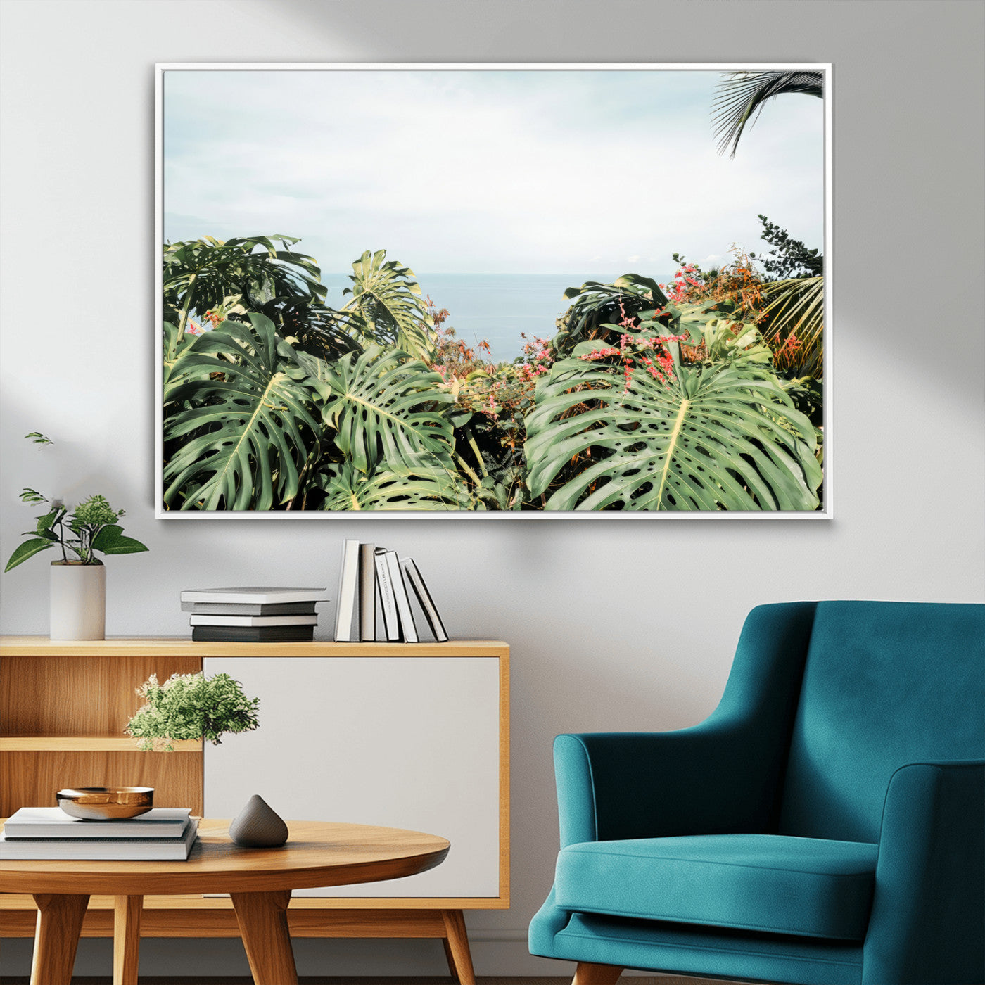 Monstera leaves and tropical flowers framing a calm ocean view, ideal for tropical coastal or exotic jungle-style interior wall decor.