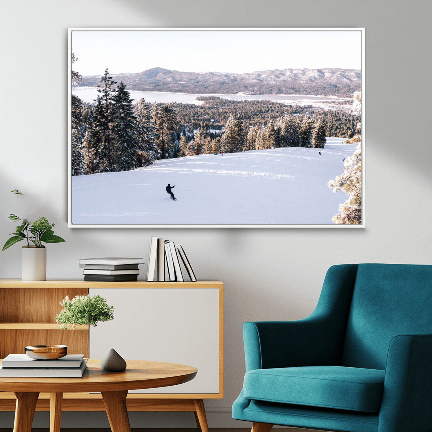 Canvas of a snowy mountain ski slope with pine trees and bright winter light, ideal for modern rustic or alpine-inspired home decor.