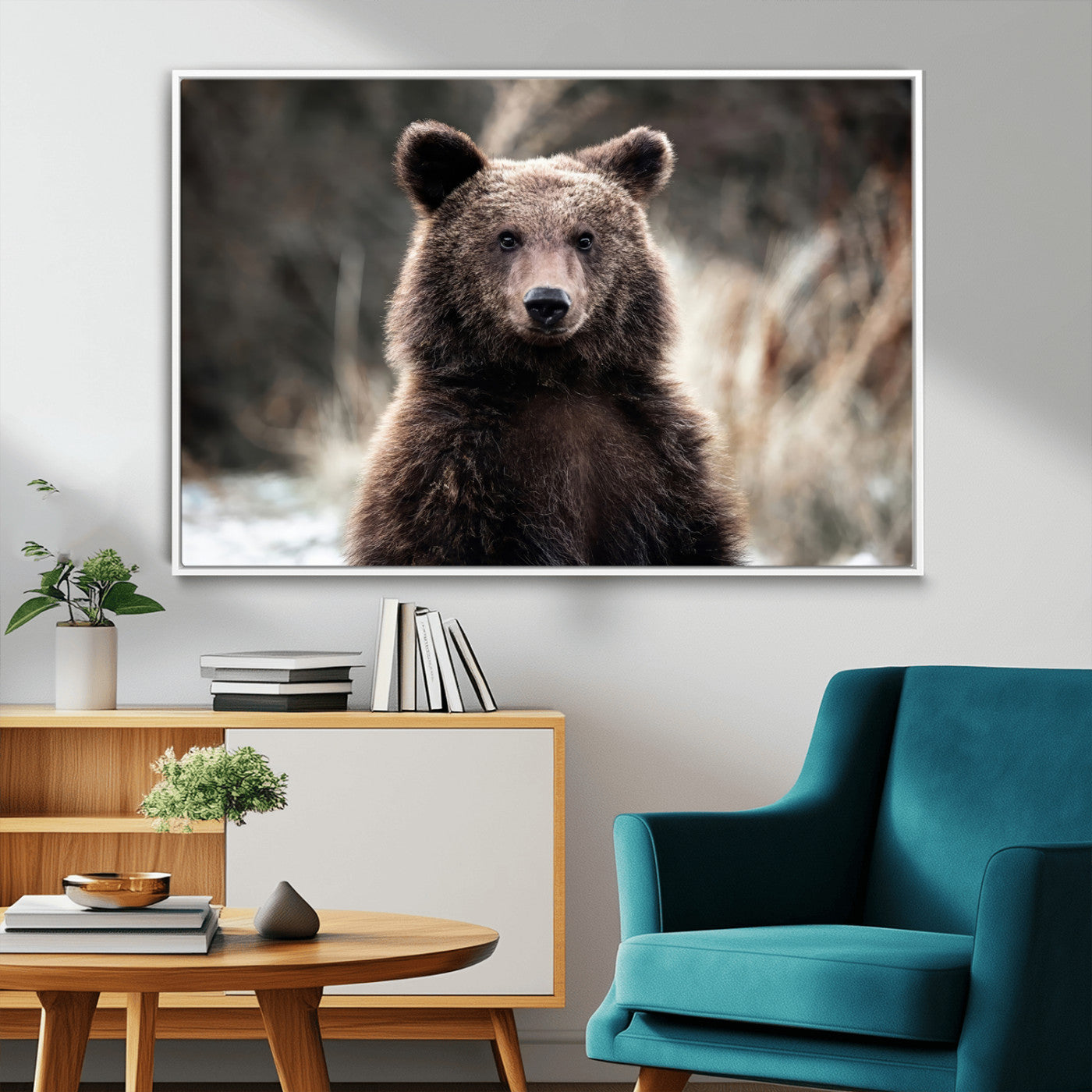 Canvas of a brown bear in soft earthy tones and moody forest light, ideal for rustic cabin or woodland nature-themed home decor.